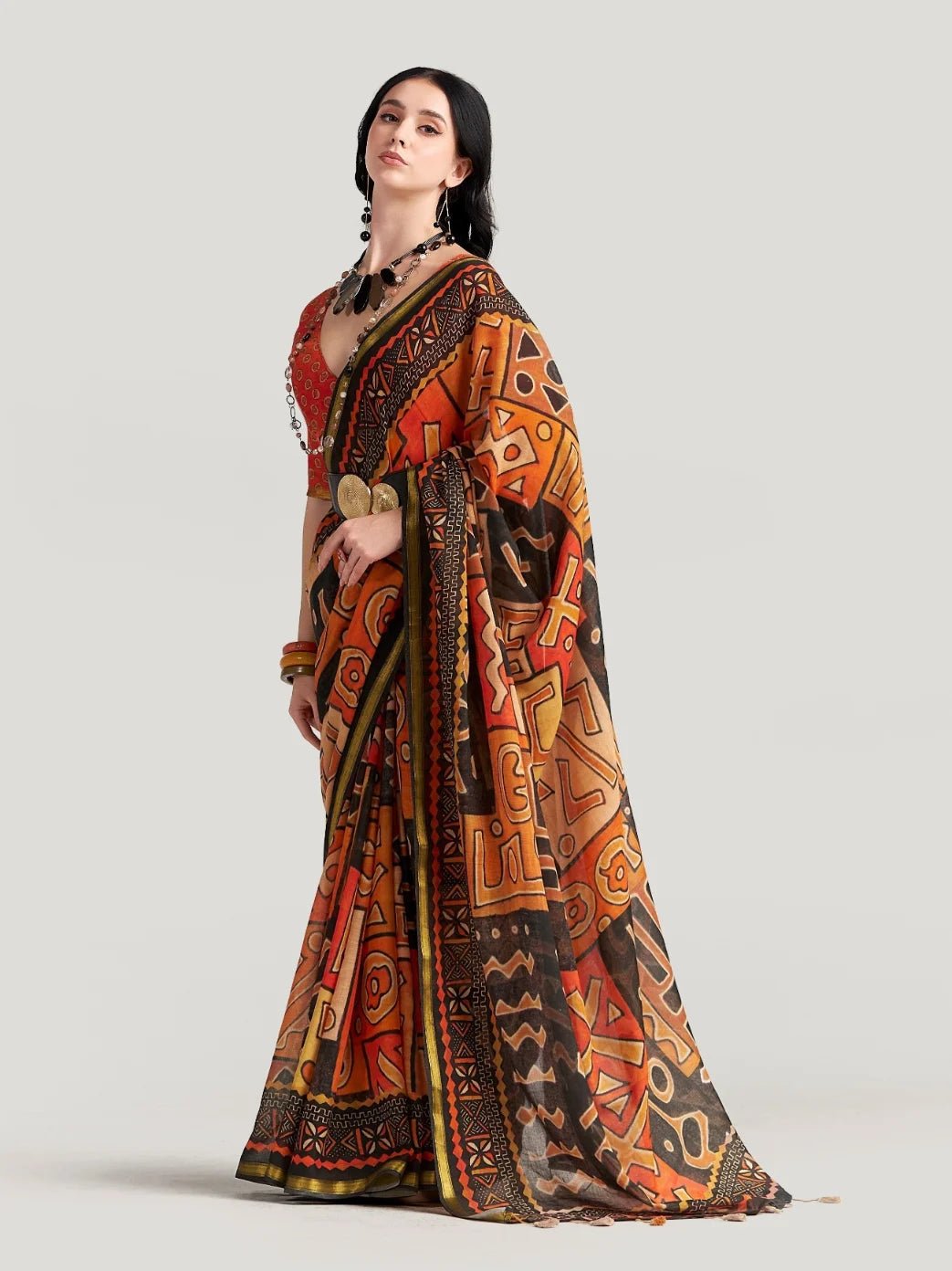 BLACK & ORANGE VISCOSE MUL LIVA DIGITAL PRINTED SAREE