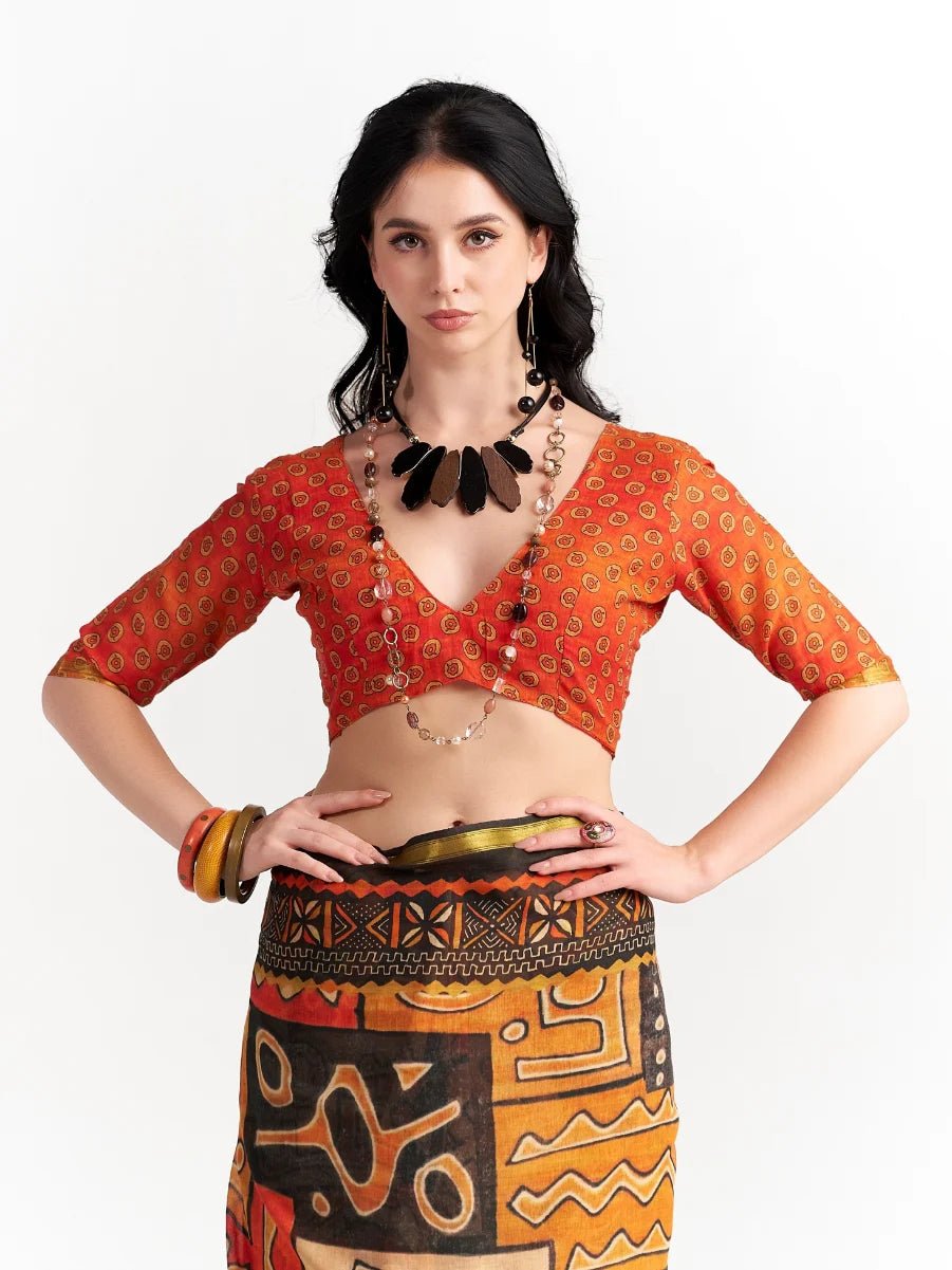 BLACK & ORANGE MULMUL COTTON LIVA DIGITAL PRINTED SAREE