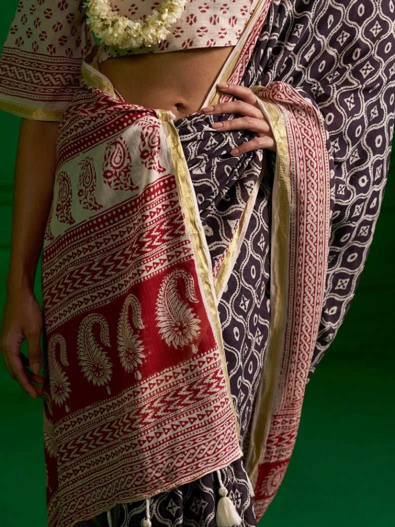 BLACK & RED VISCOSE MUL INDIGO RED BAGH PRINT SAREE