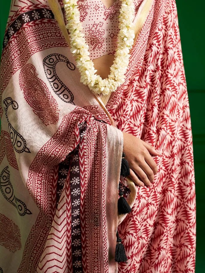 BLACK & RED VISCOSE MUL SCARLET SHADOW BAGH PRINT SAREE