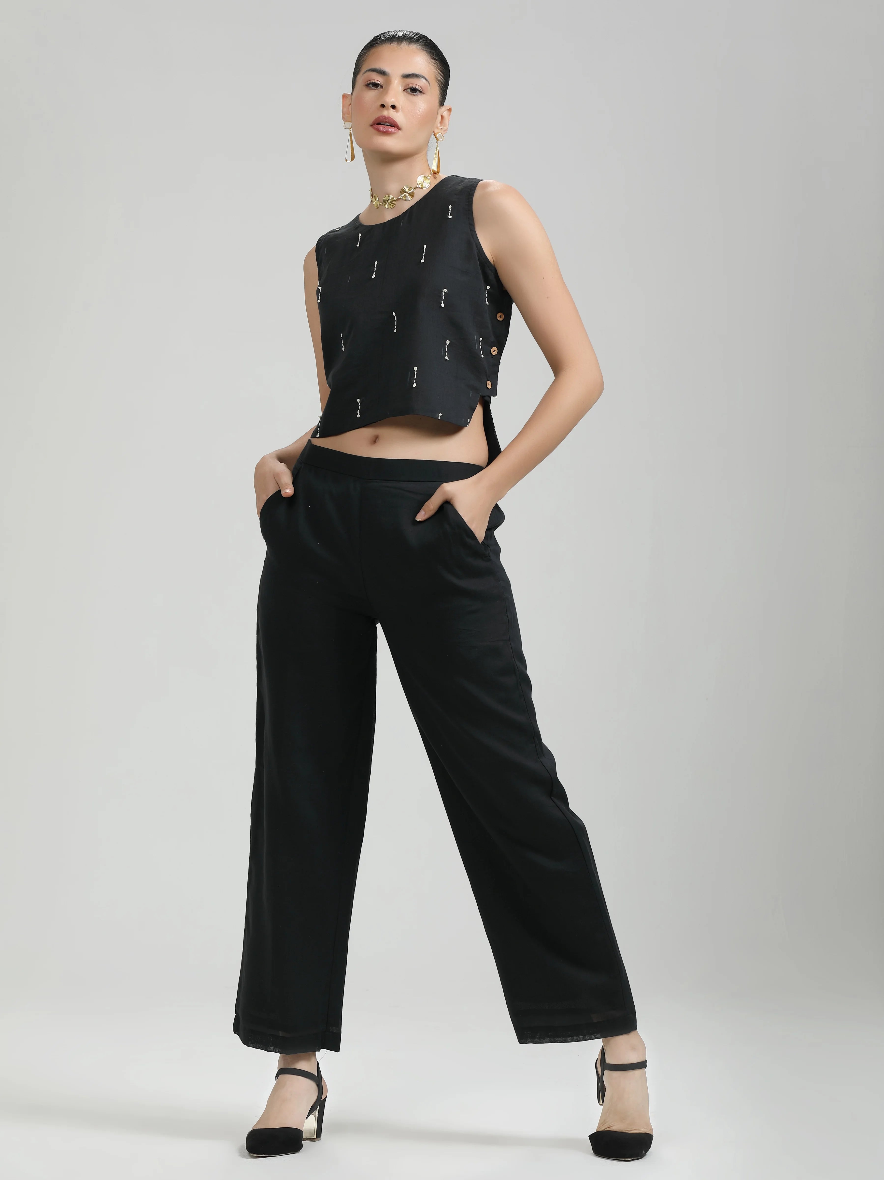BLACK VISCOSE MUL HAND EMBROIDERD CROP TOP WITH PANTS
