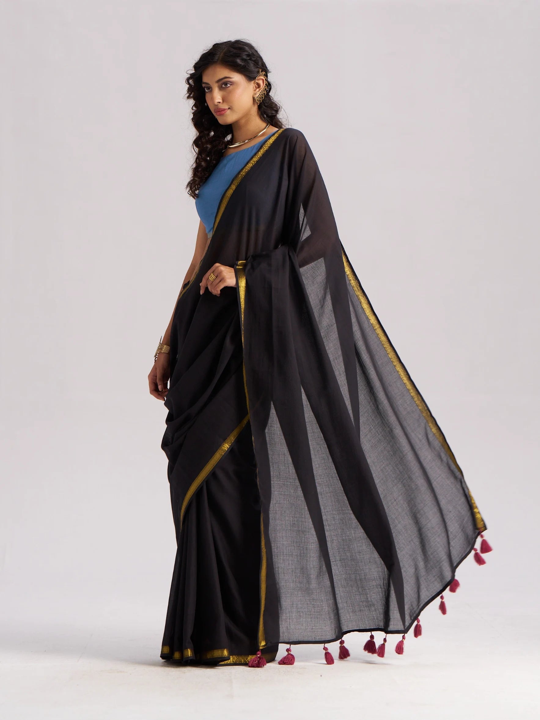 BLACK VISCOSE MUL LIVA SOLID SAREE