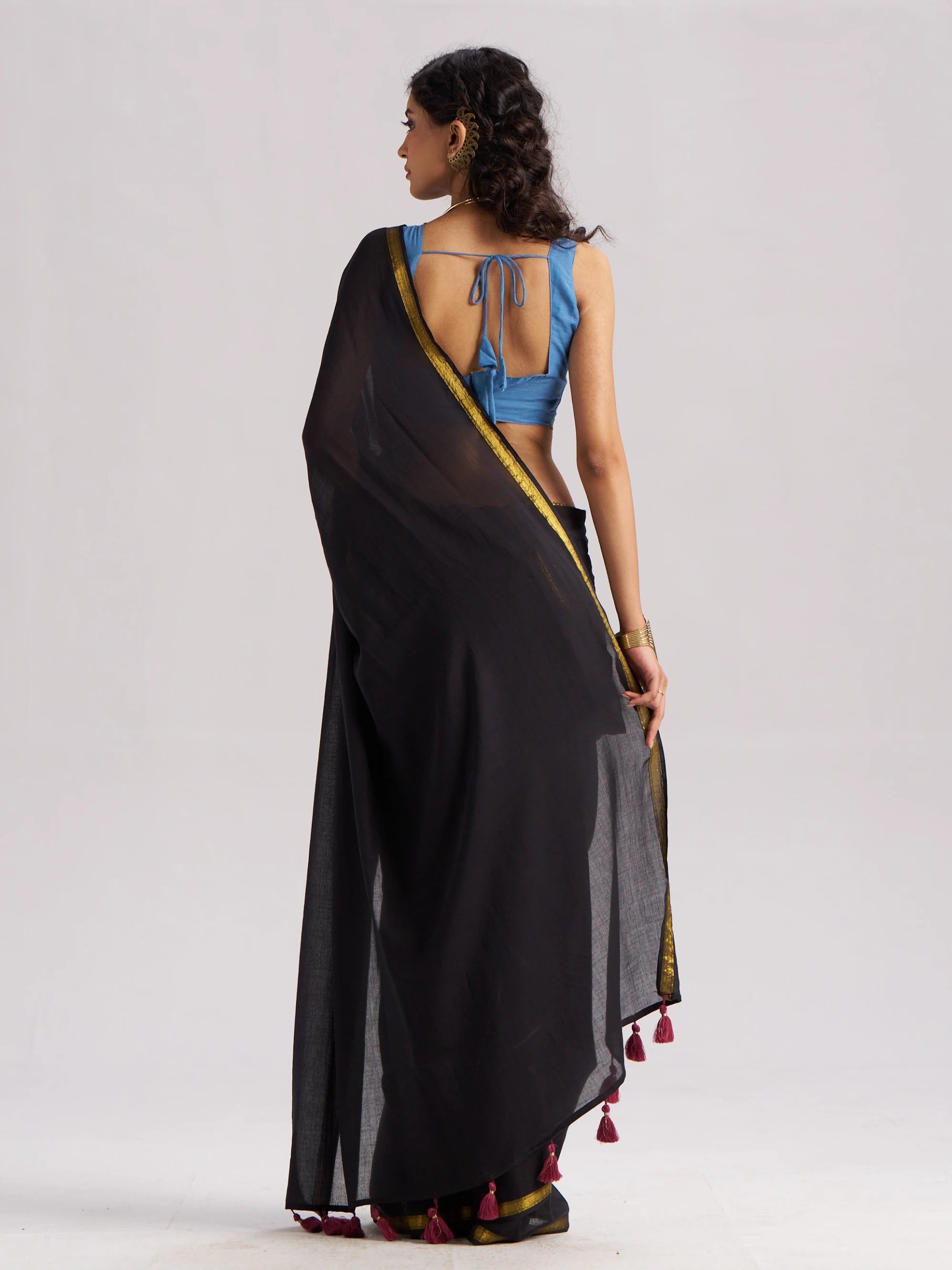 BLACK VISCOSE MUL LIVA SOLID SAREE