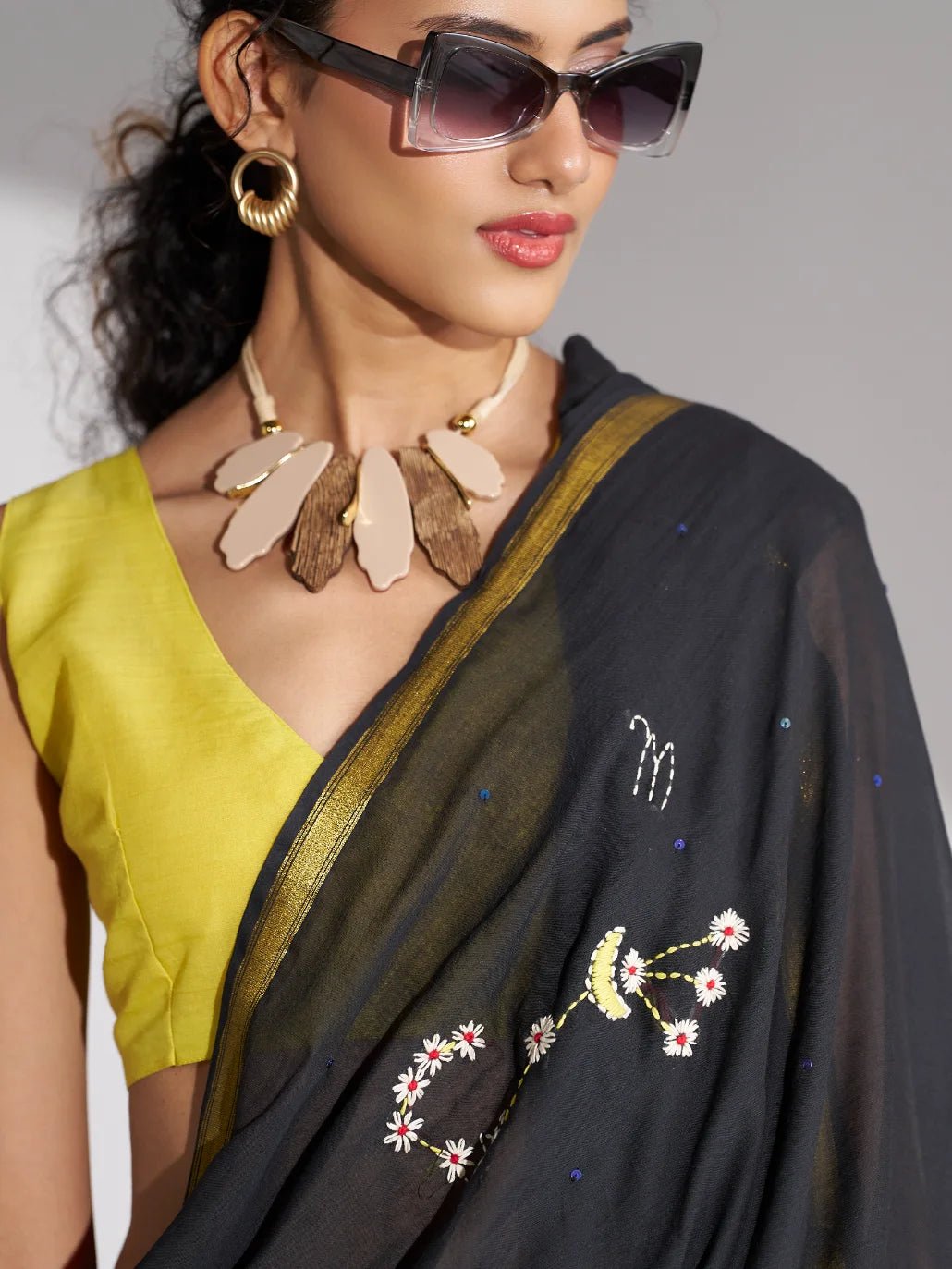 BLACK MULMUL COTTON SCORPIO CELESTIAL THREAD WORK SAREES