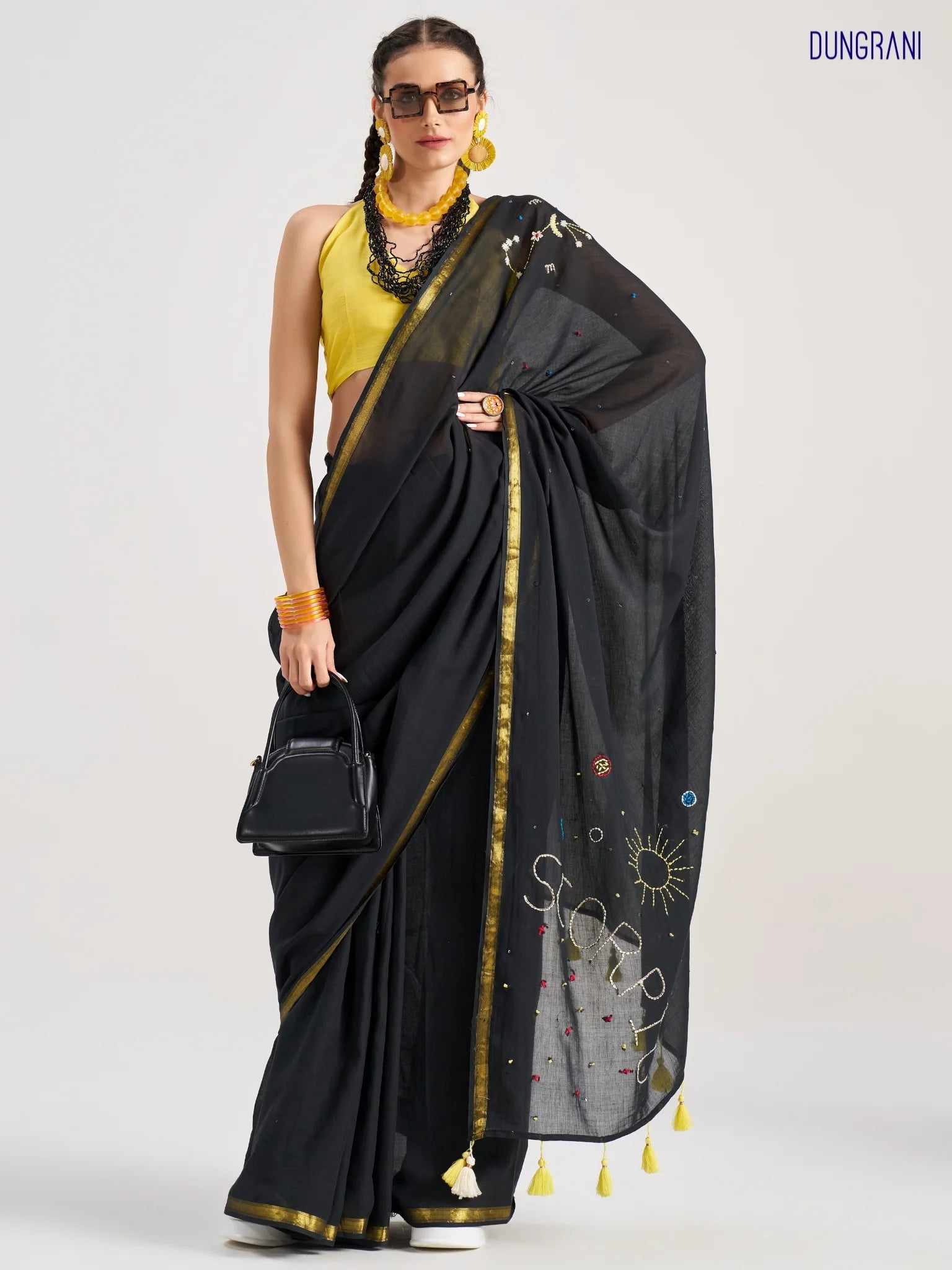 BLACK VISCOSE MUL SCORPIO VEDIC ZODIAC THREAD WORK SAREES