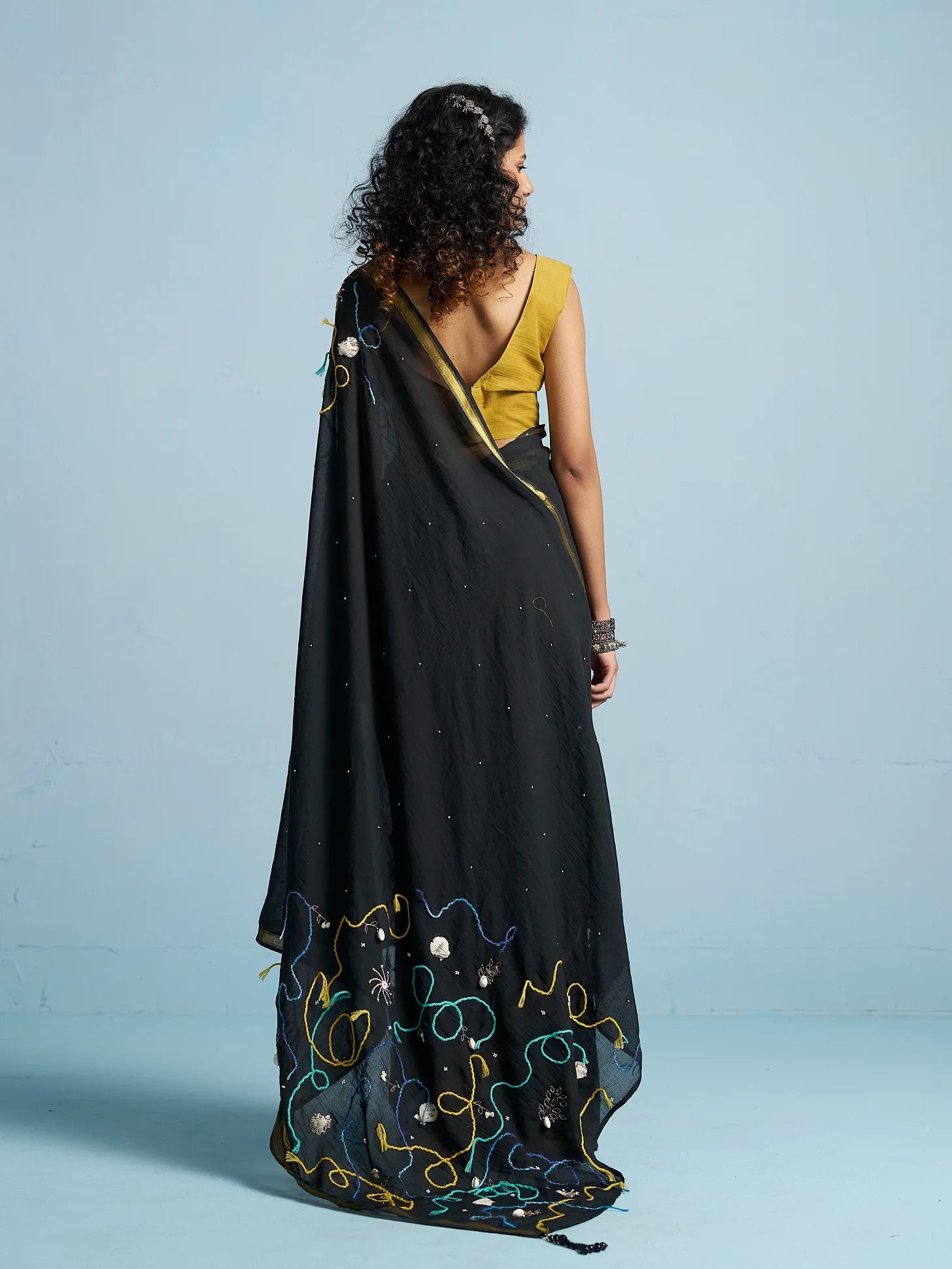 BLACK VISCOSE MUL THREAD WORK SAREES