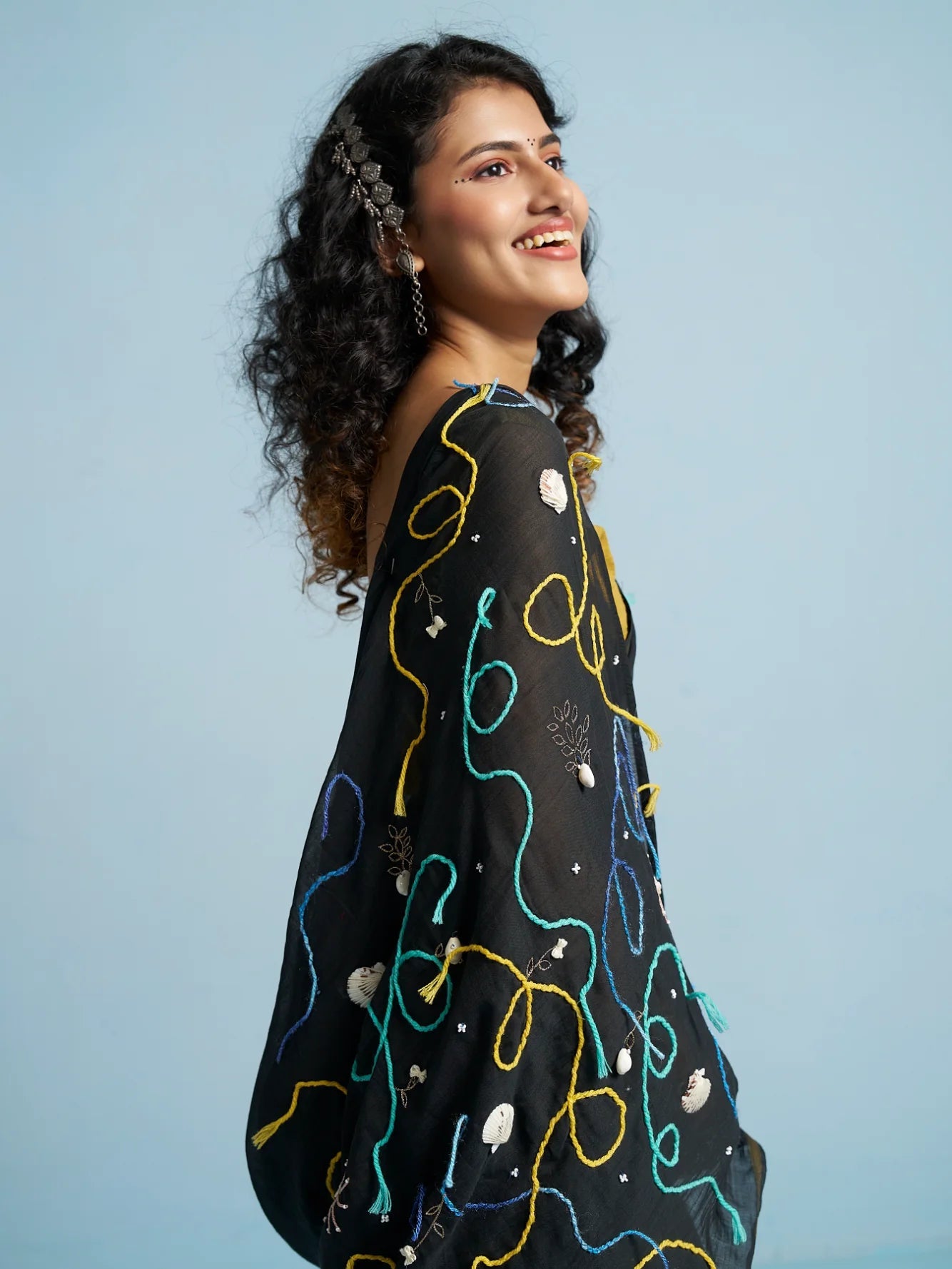 BLACK VISCOSE MUL THREAD WORK SAREES