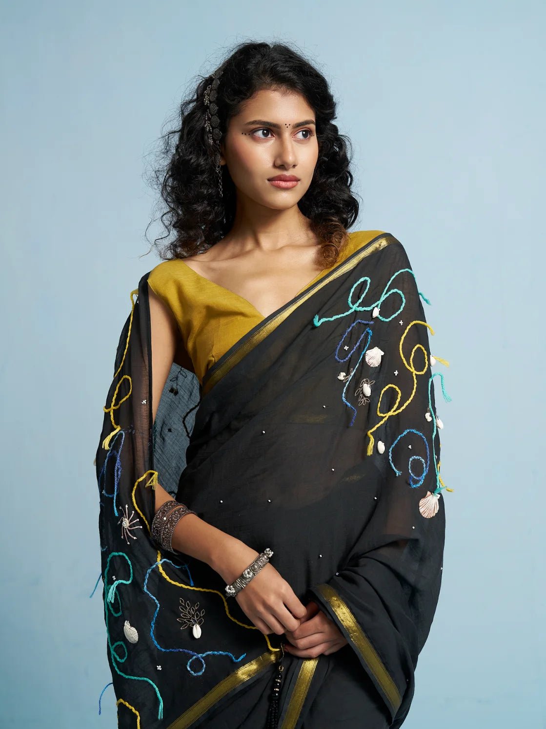 BLACK VISCOSE MUL THREAD WORK SAREES