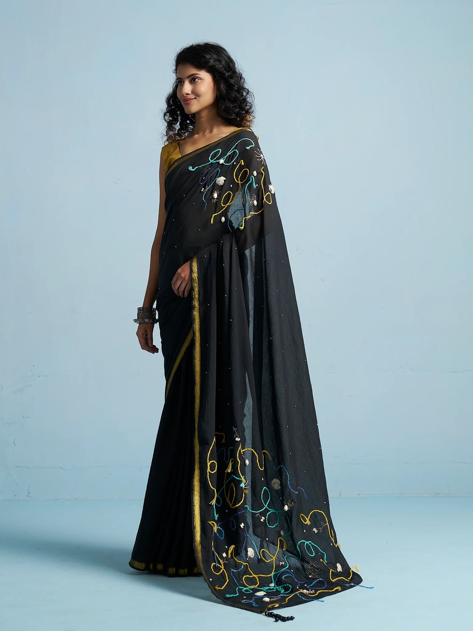 BLACK VISCOSE MUL THREAD WORK SAREES