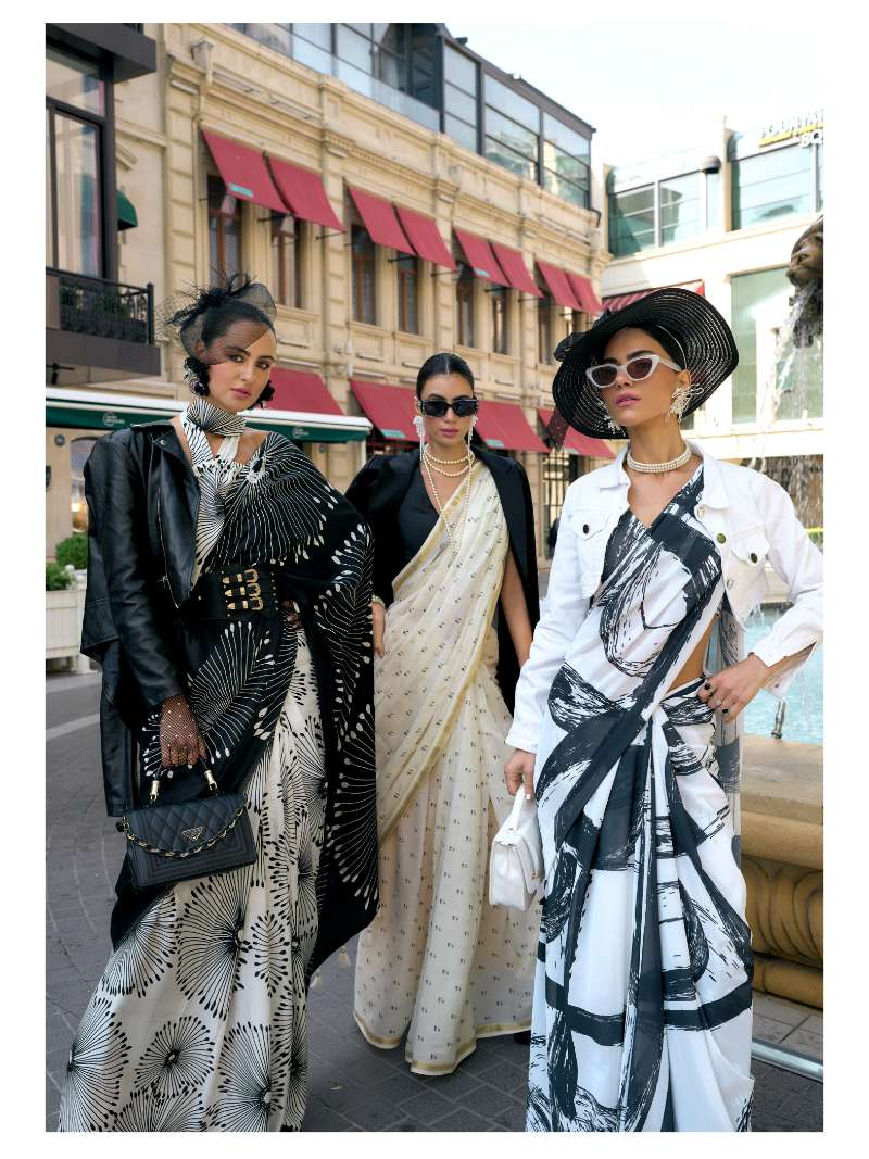 BLACK & WHITE MONOCHROME FLORAL PRINT LIVA SATIN SAREE