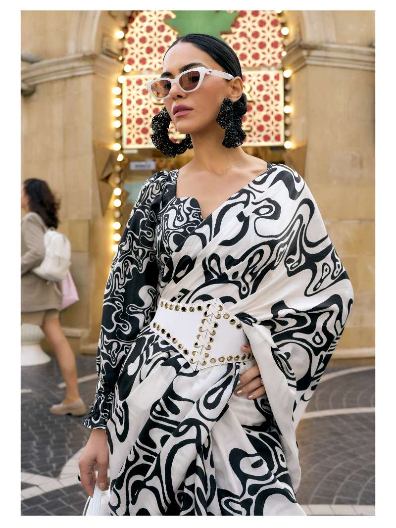 BLACK & WHITE MONOCHROME WAVE PRINT LIVA SATIN SAREE