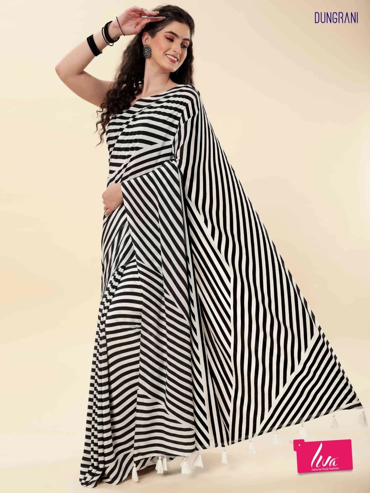 BLACK & WHITE STRIPED MONOCHROME CREPE SAREE