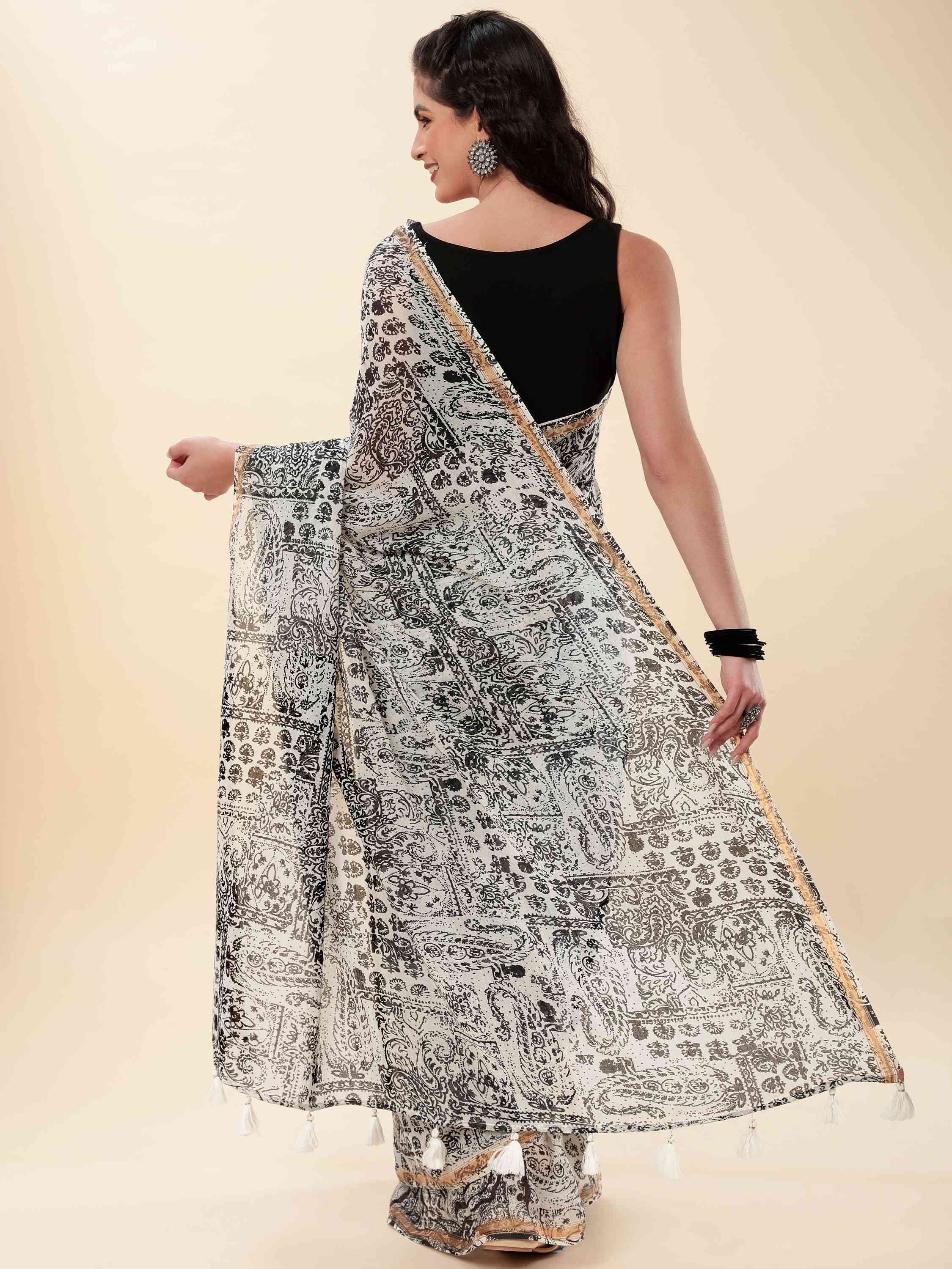 BLACK & WHITE VISCOSE MUL DIGITAL PRINTED SAREE