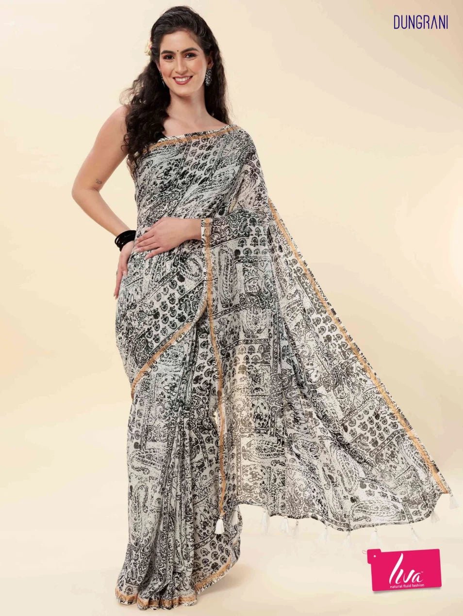 BLACK & WHITE VISCOSE MUL DIGITAL PRINTED SAREE