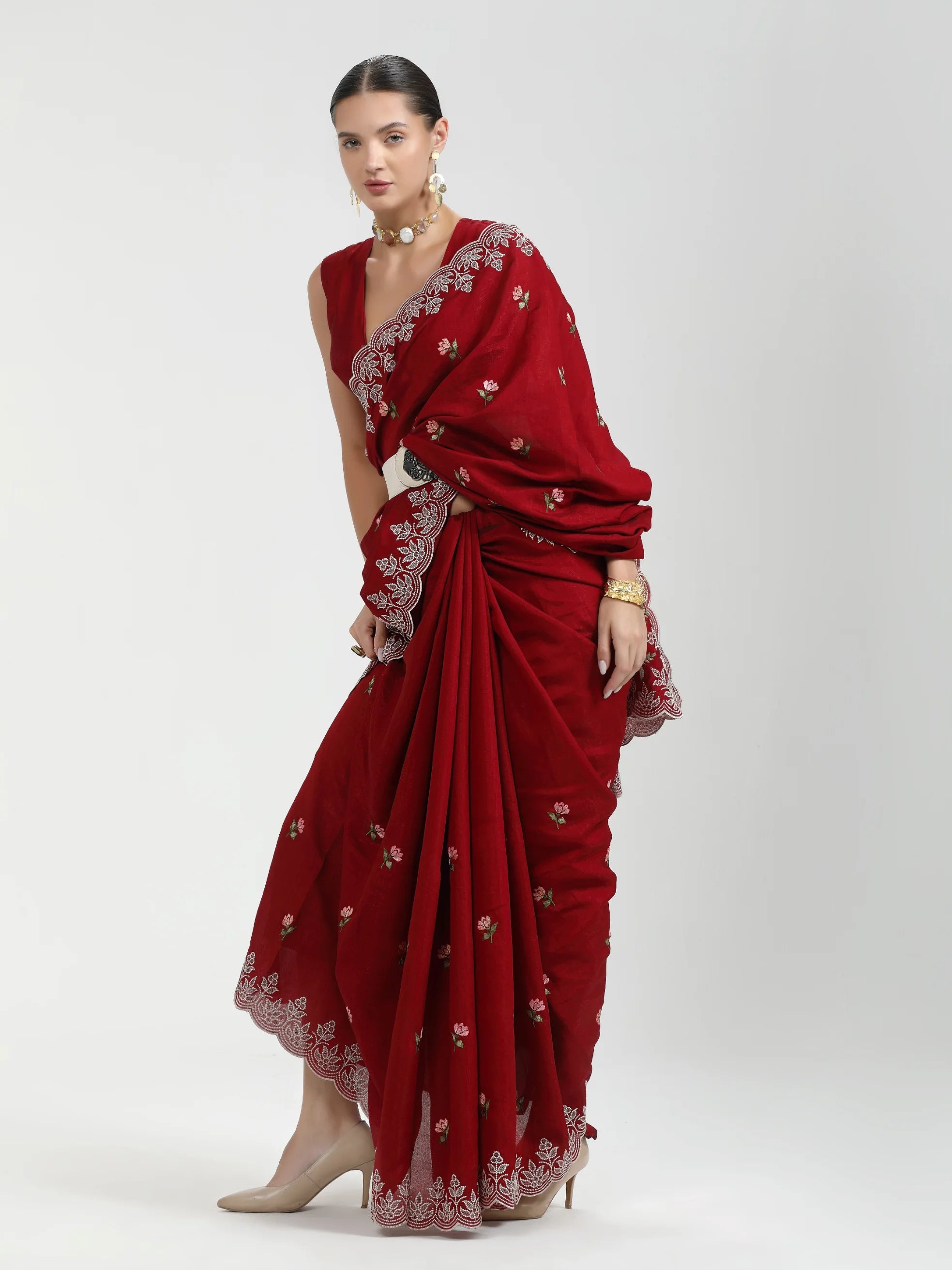 BLOOD RED TITANIUM ART SILK KANTHA EMBROIDERY SAREE
