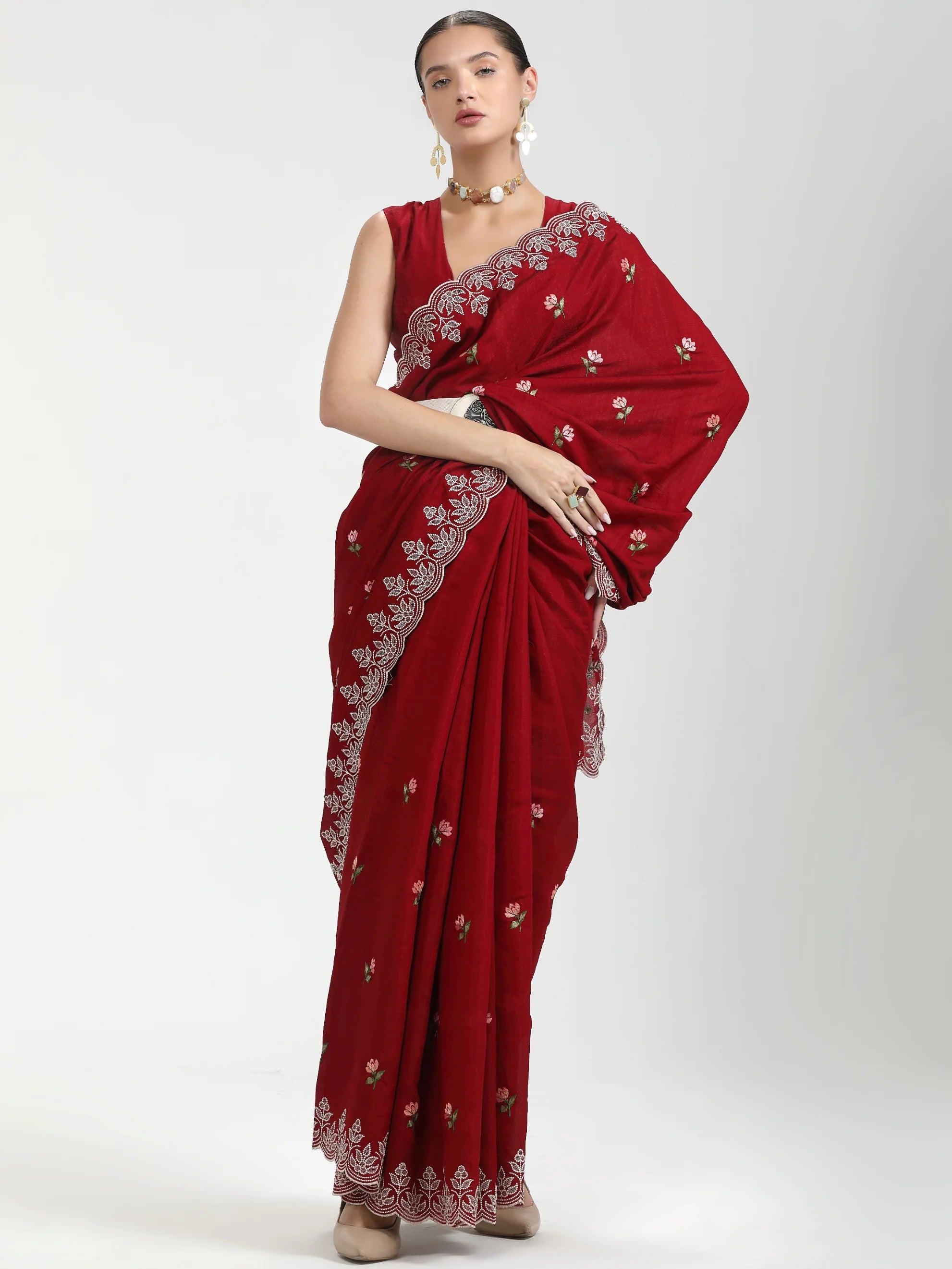 BLOOD RED TITANIUM ART SILK KANTHA EMBROIDERY SAREE