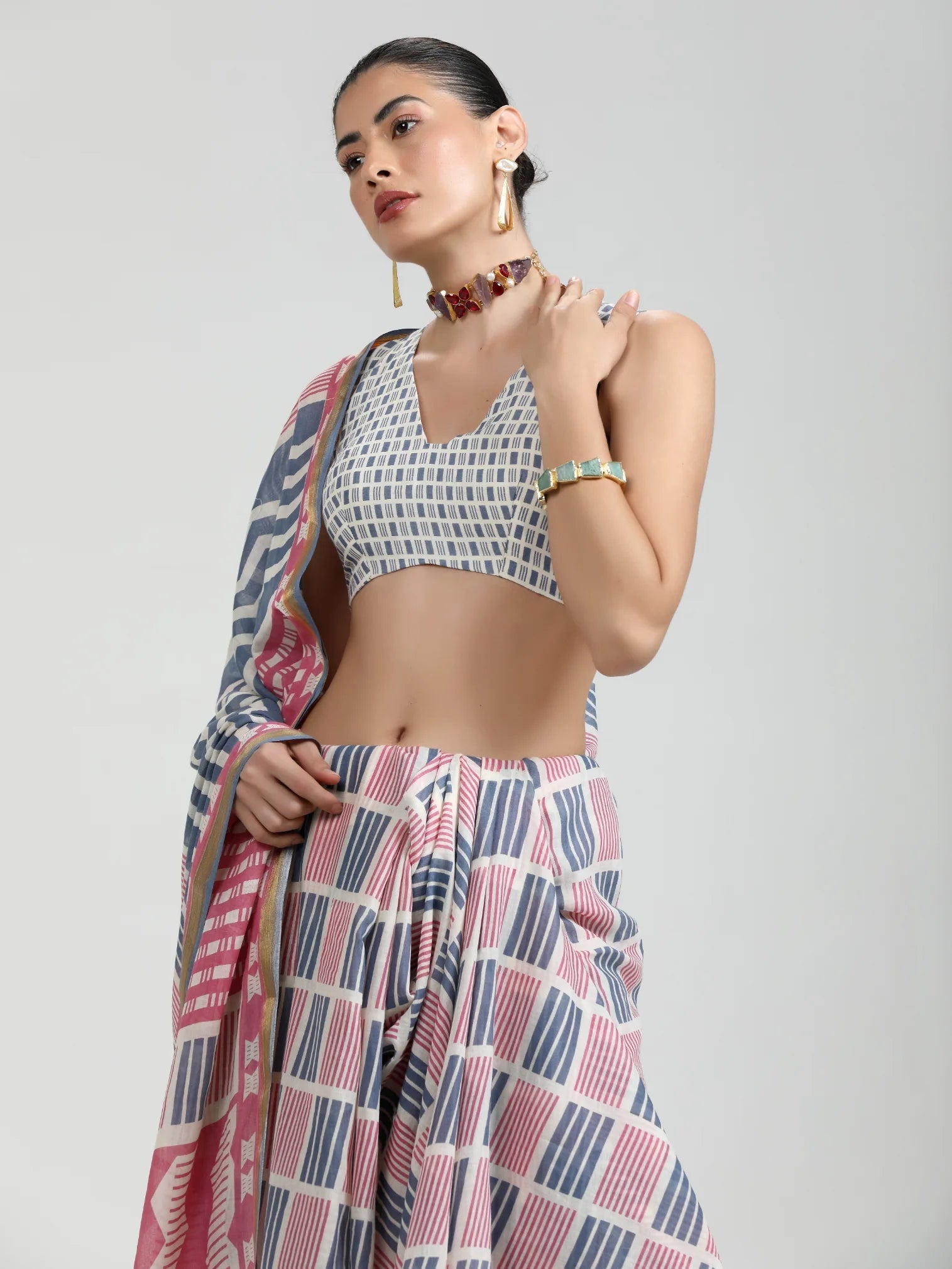 BLUE MULMUL COTTON CONTEMPORARY PRINTED LIVA SAREE