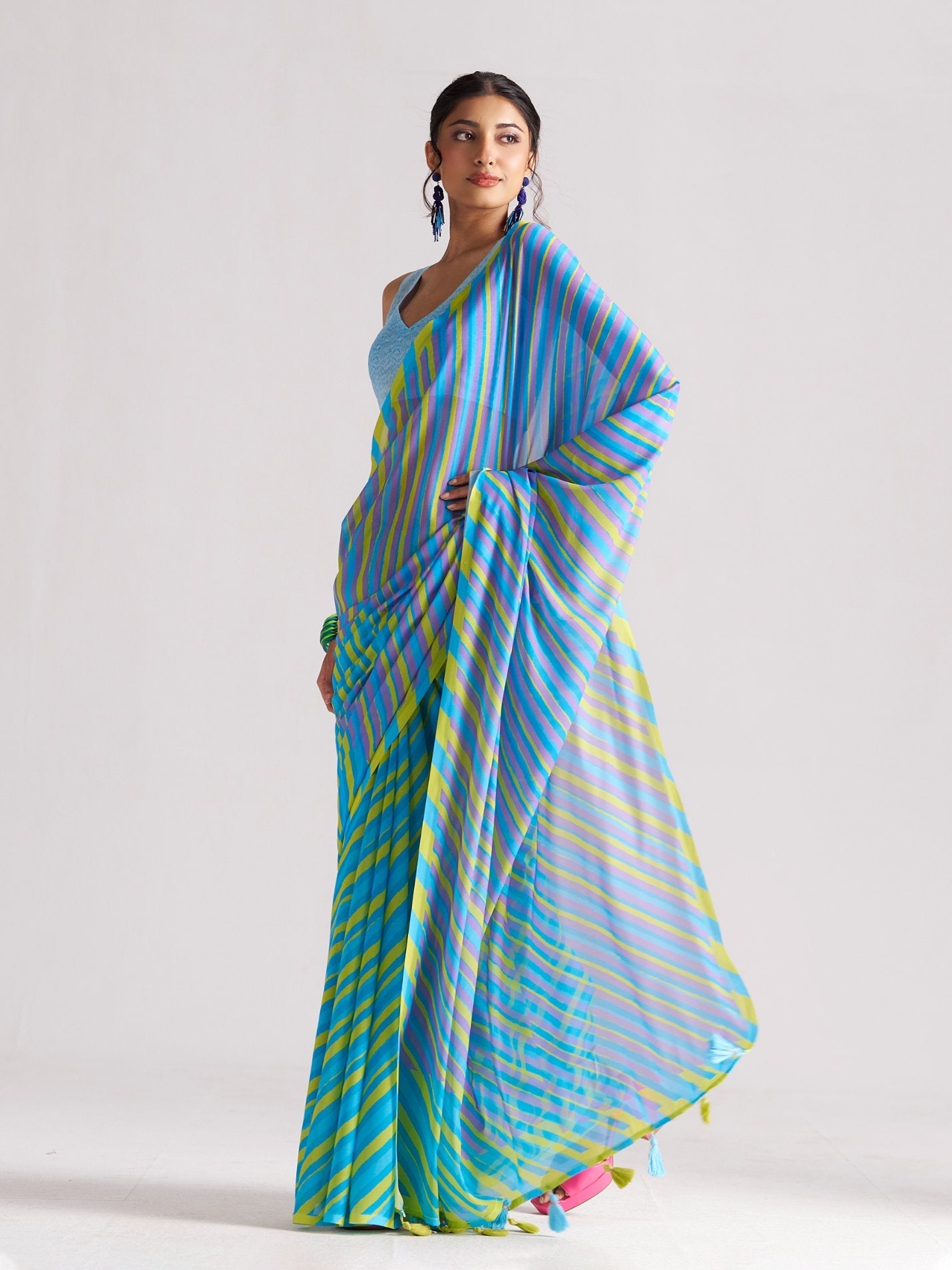 BLUE & YELLOW GEORGETTE SPARKLE LAHERIYA DIGITAL PRINTED SAREE