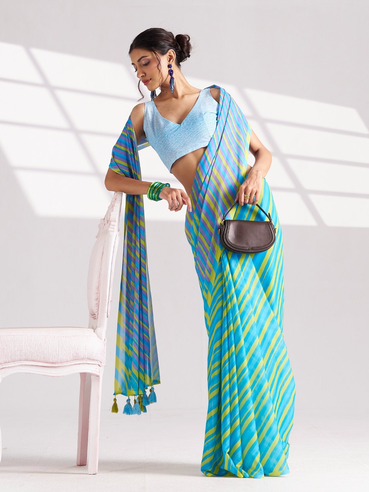 BLUE & YELLOW GEORGETTE SPARKLE LAHERIYA DIGITAL PRINTED SAREE