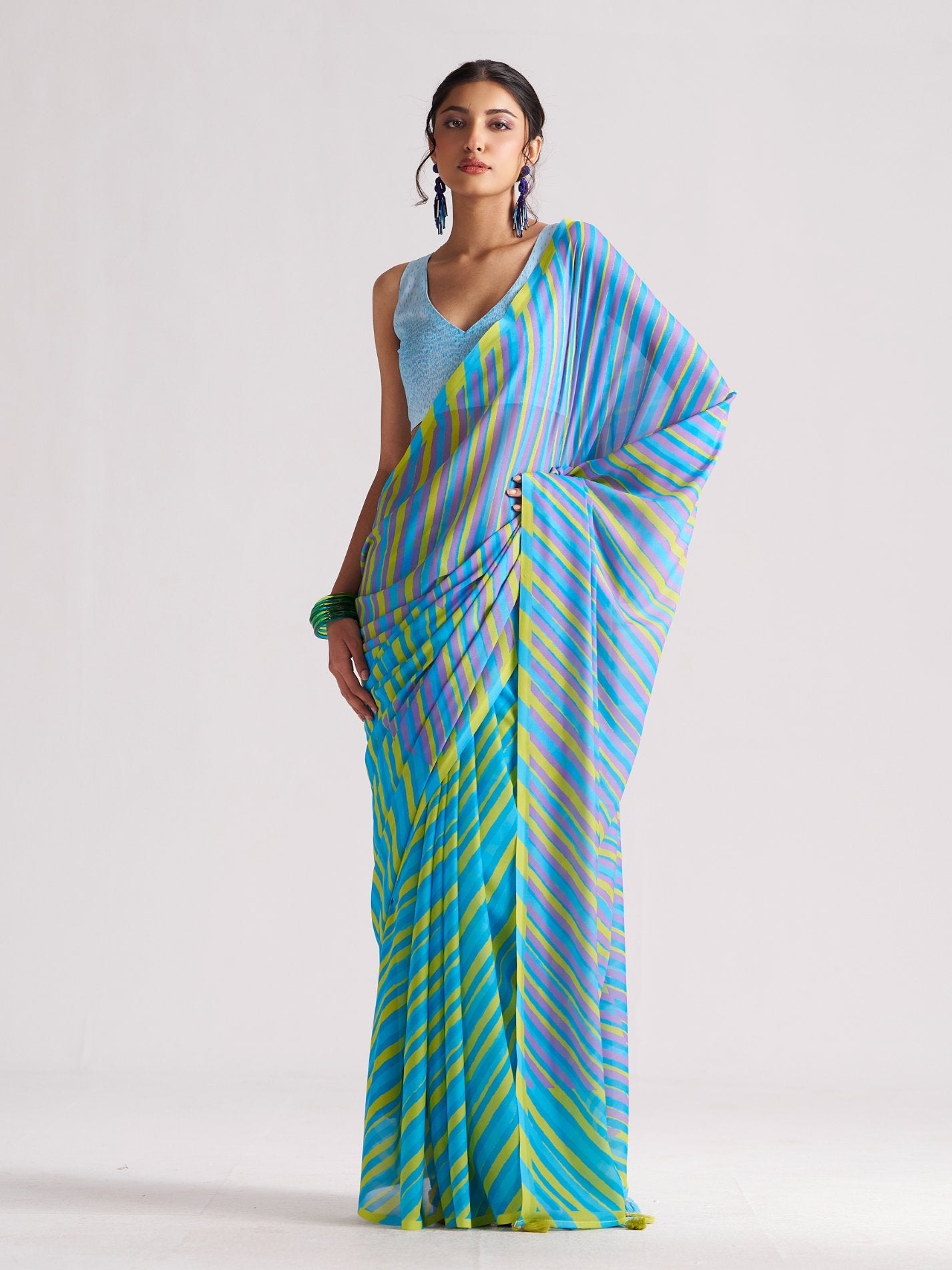 BLUE & YELLOW GEORGETTE SPARKLE LAHERIYA DIGITAL PRINTED SAREE