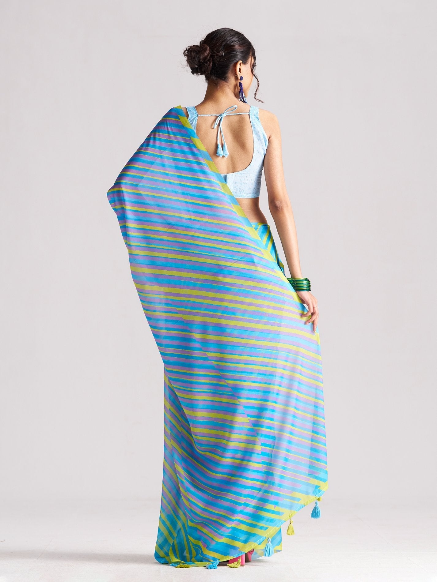 BLUE & YELLOW GEORGETTE SPARKLE LAHERIYA DIGITAL PRINTED SAREE