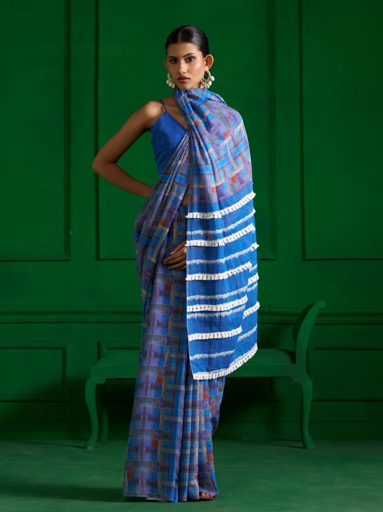 BRIGHT BLUE CHECKS VISCOSE MUL DENIM PRINT SAREE