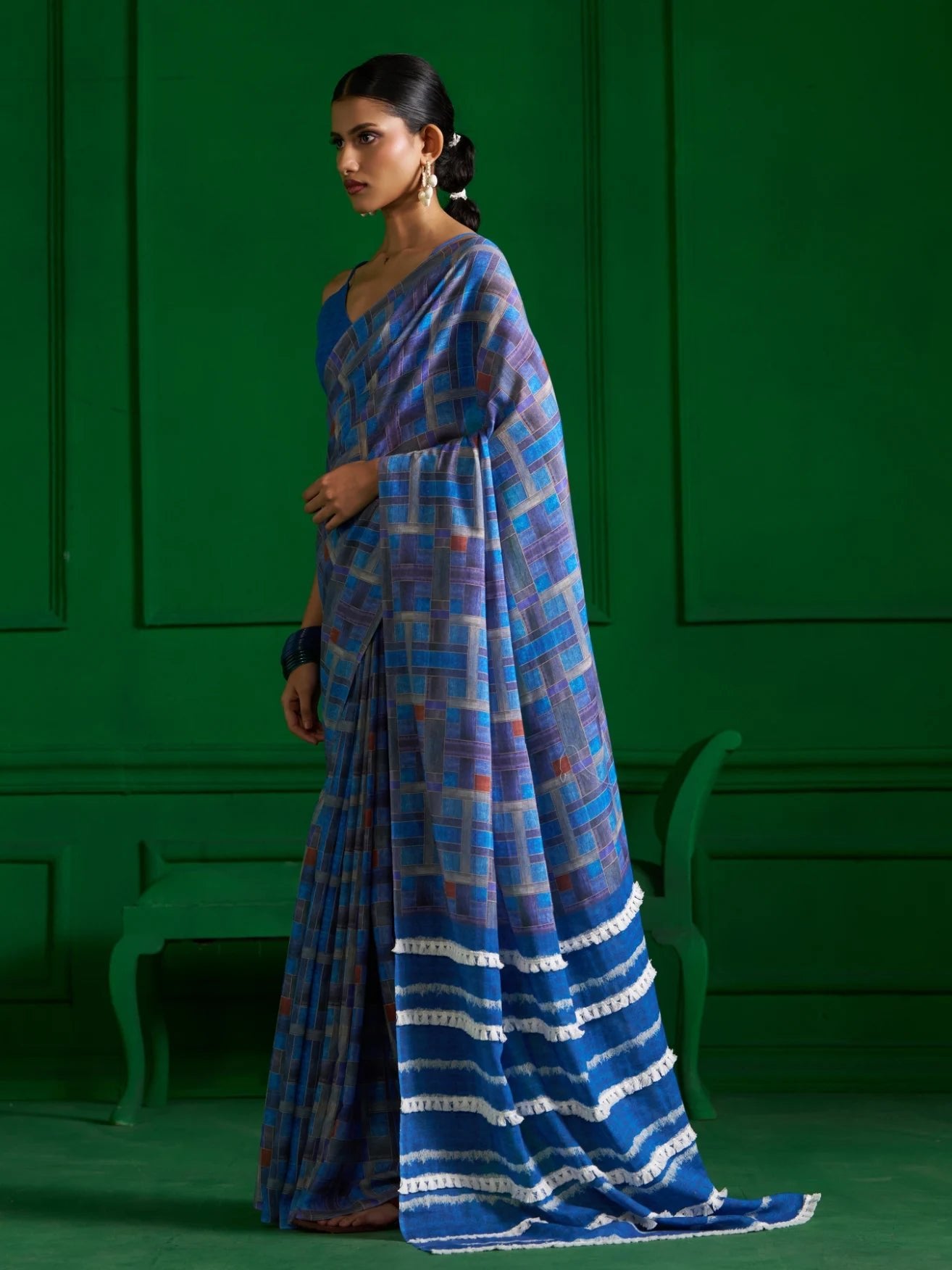 BRIGHT BLUE CHECKS VISCOSE MUL DENIM PRINT SAREE