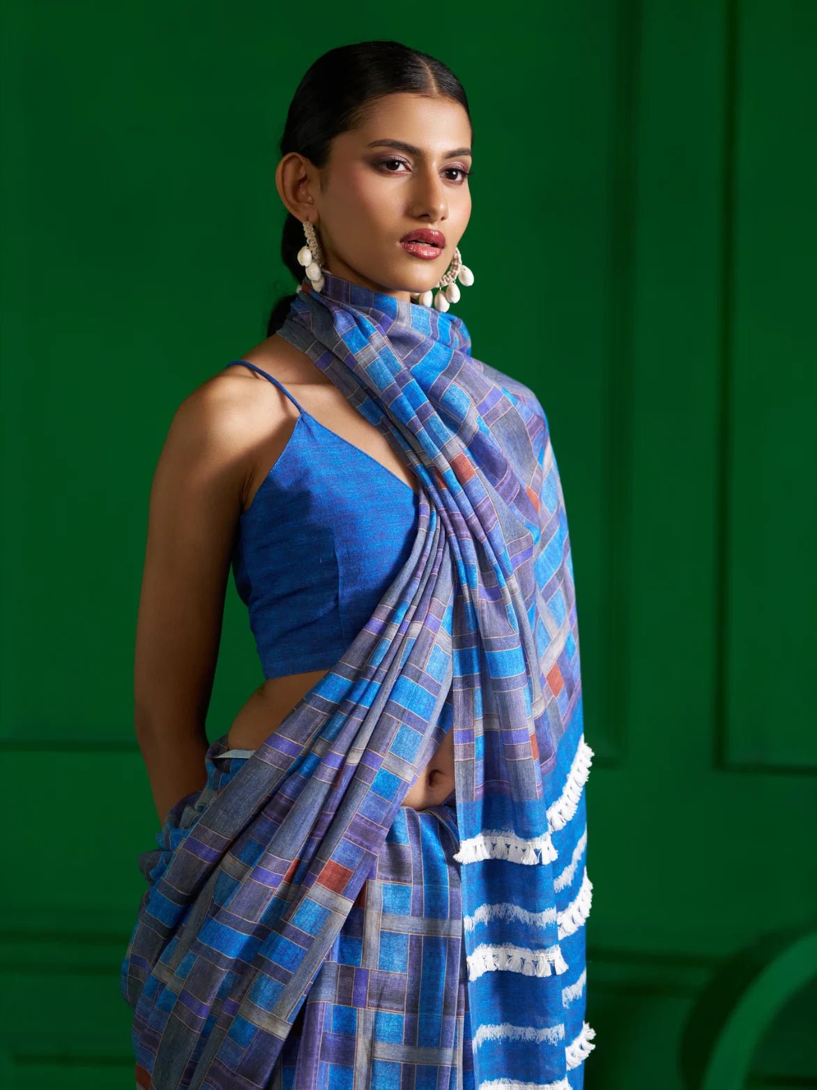 BRIGHT BLUE CHECKS VISCOSE MUL DENIM PRINT SAREE