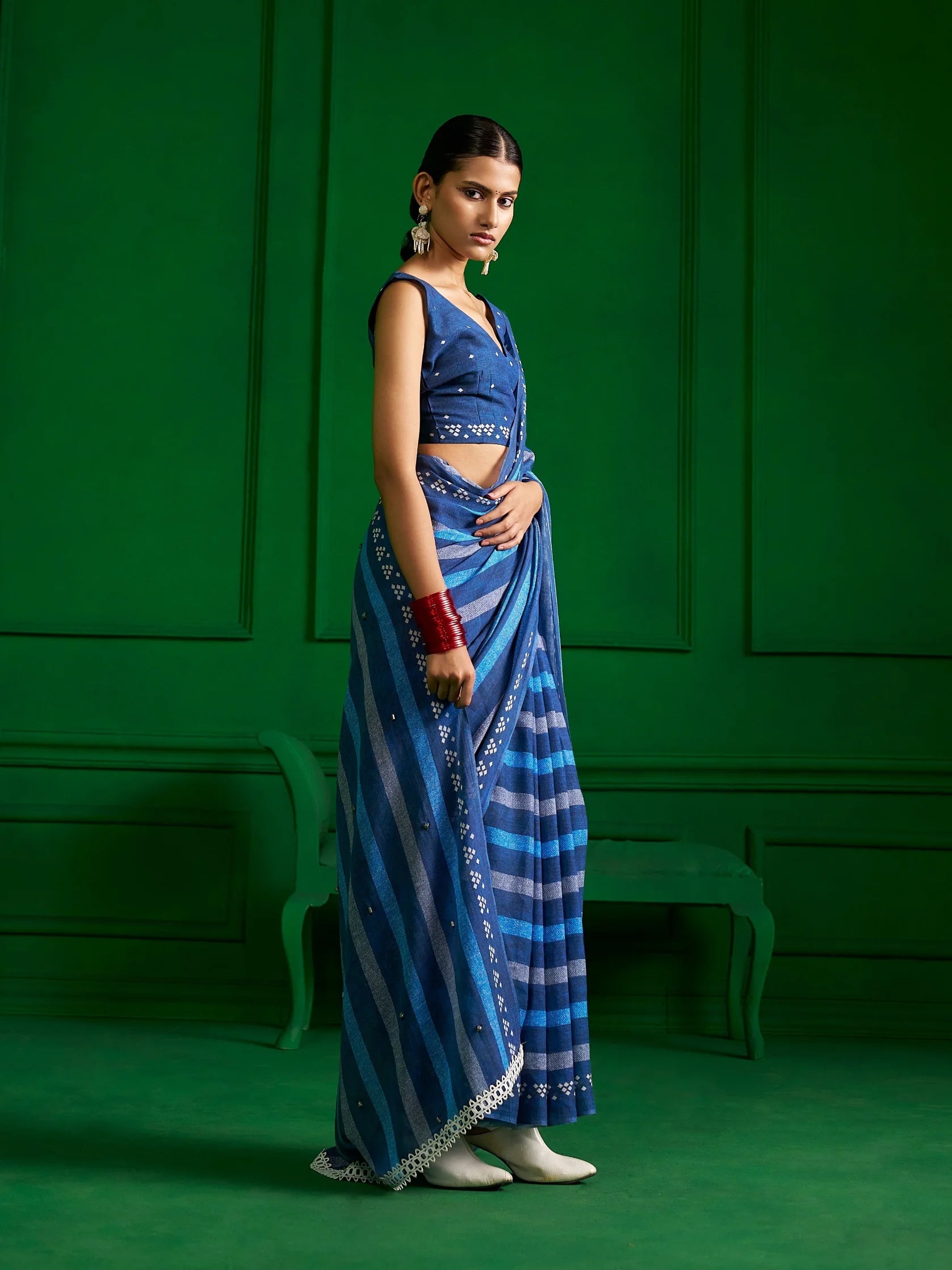 BRIGHT BLUE MULMUL COTTON BLUE ZEN DENIM PRINT SAREE