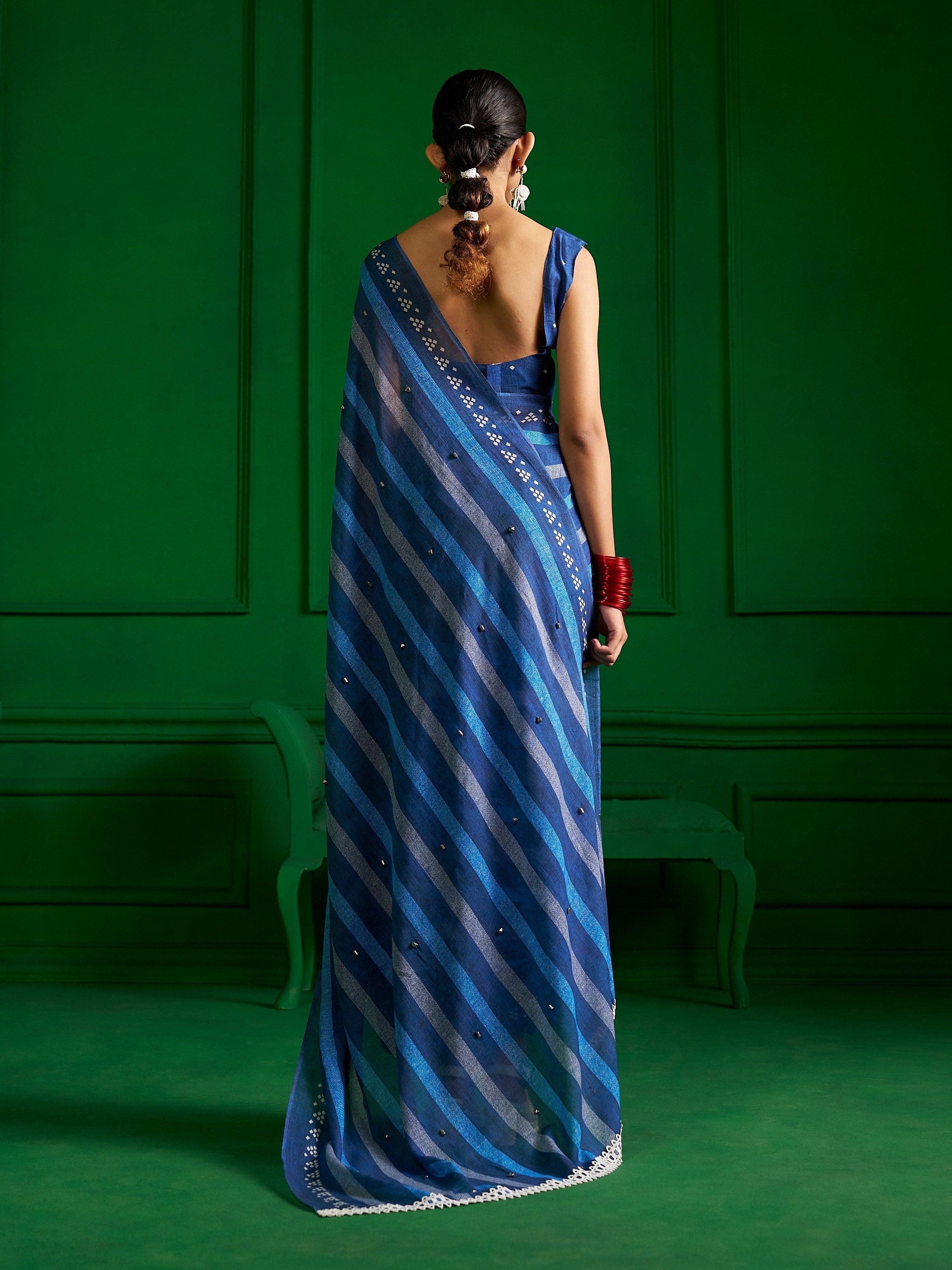 BRIGHT BLUE MULMUL COTTON BLUE ZEN DENIM PRINT SAREE