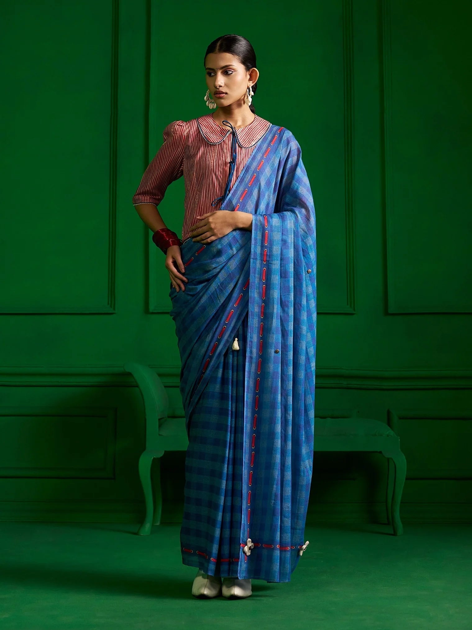 BRIGHT BLUE VISCOSE MUL GINGHAM CHECKS DENIM PRINT SAREE