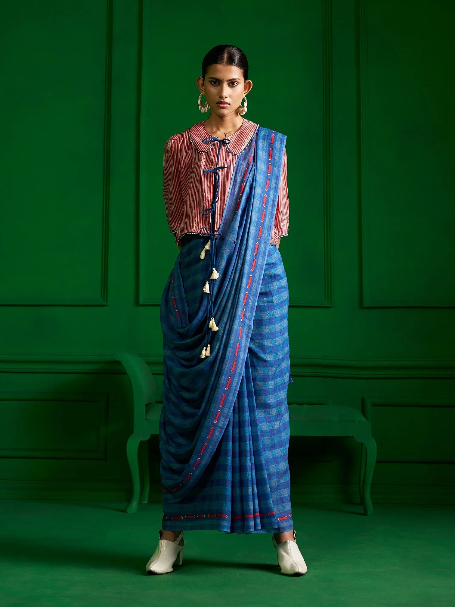 BRIGHT BLUE VISCOSE MUL GINGHAM CHECKS DENIM PRINT SAREE