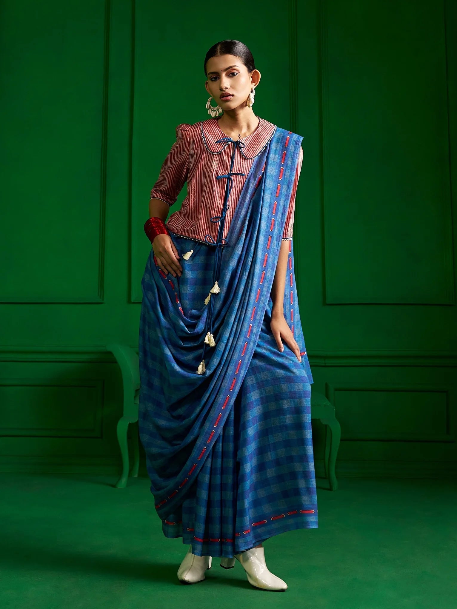 BRIGHT BLUE VISCOSE MUL GINGHAM CHECKS DENIM PRINT SAREE