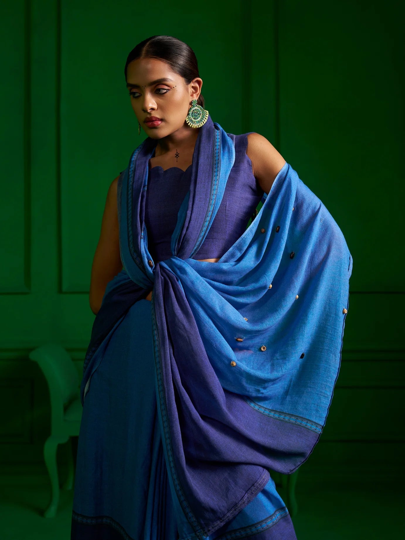 BRIGHT BLUE VISCOSE MUL INDIGO WHIMSY DENIM PRINT SAREE