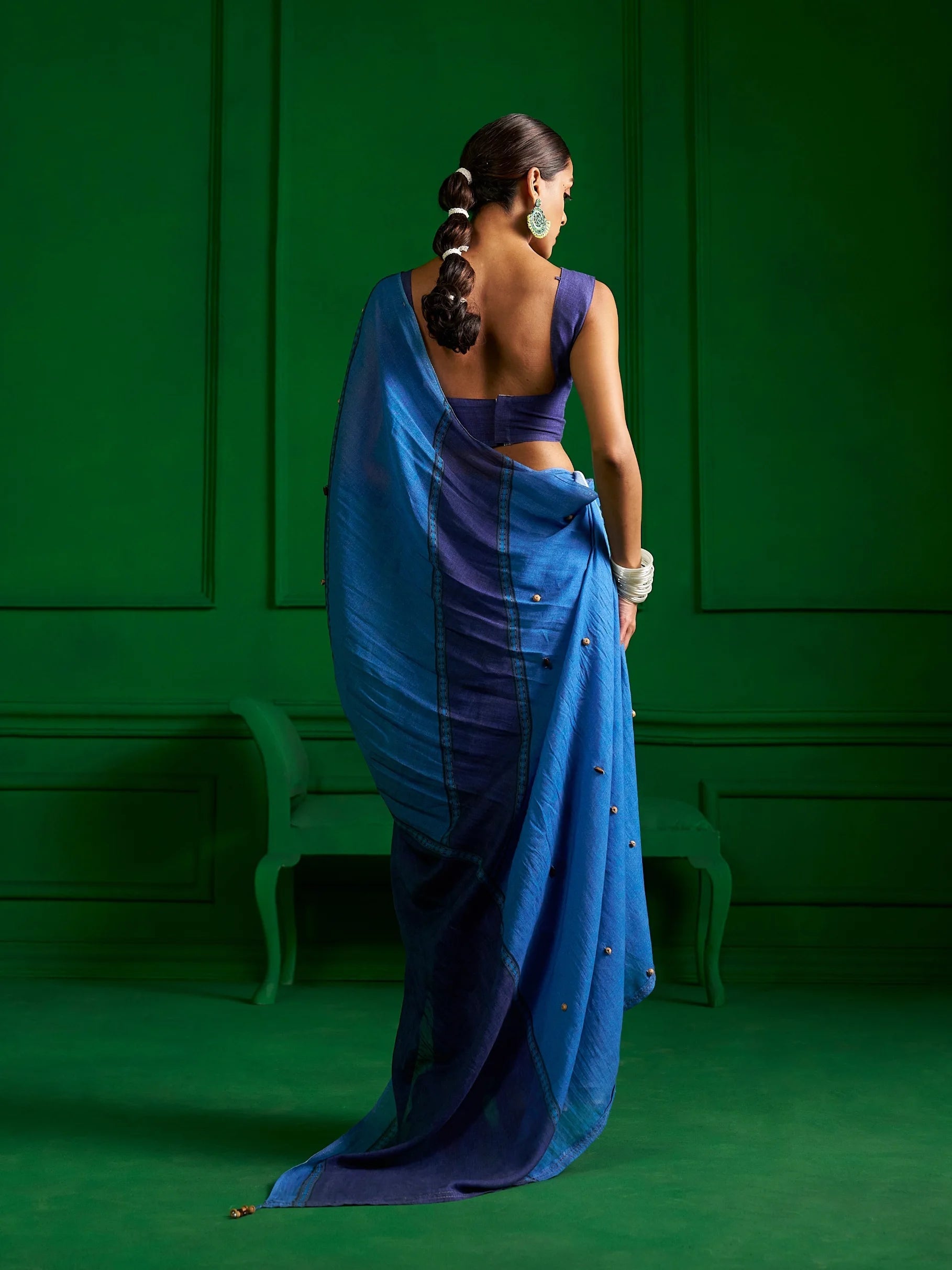 BRIGHT BLUE VISCOSE MUL INDIGO WHIMSY DENIM PRINT SAREE