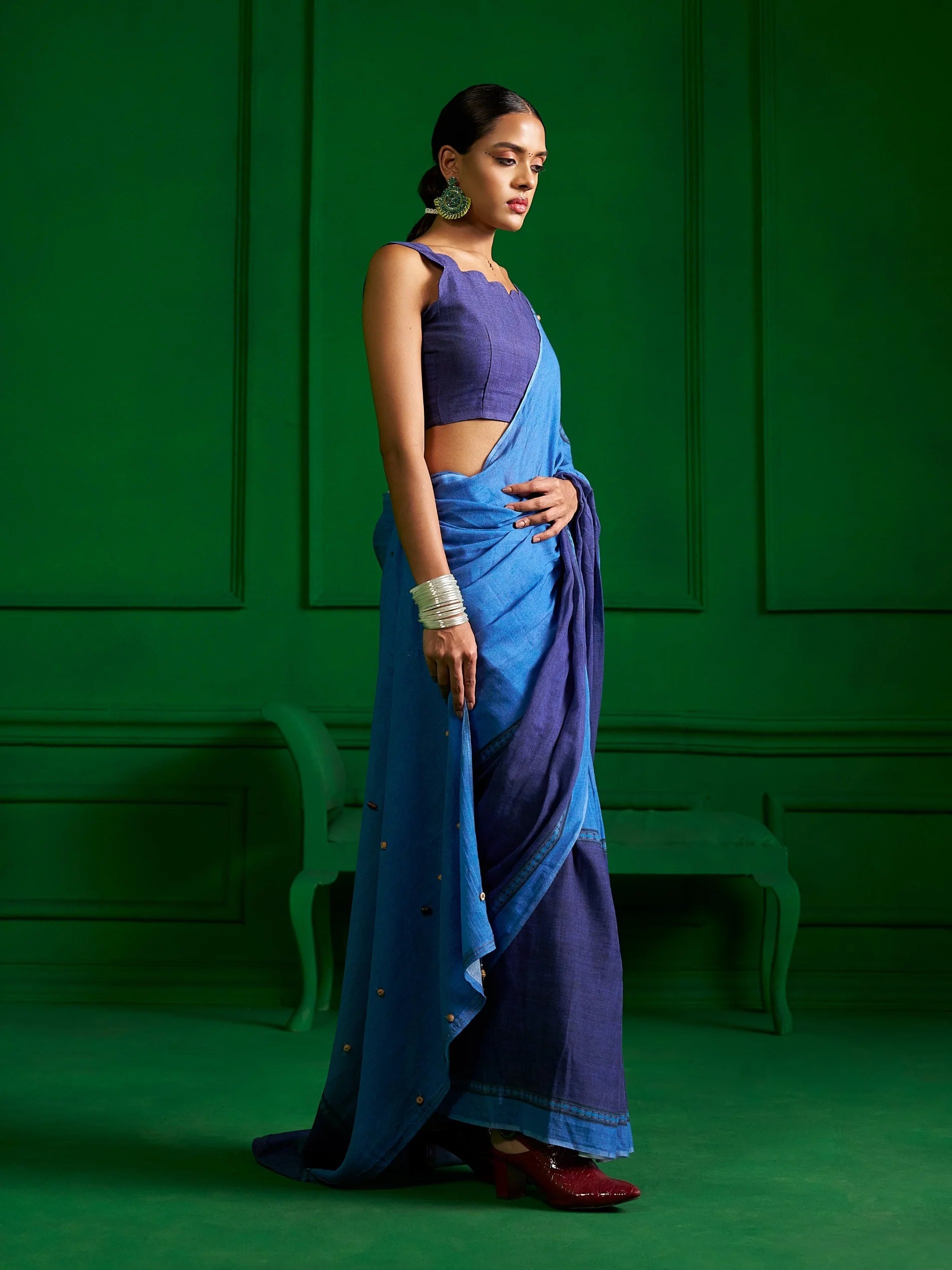 BRIGHT BLUE VISCOSE MUL INDIGO WHIMSY DENIM PRINT SAREE