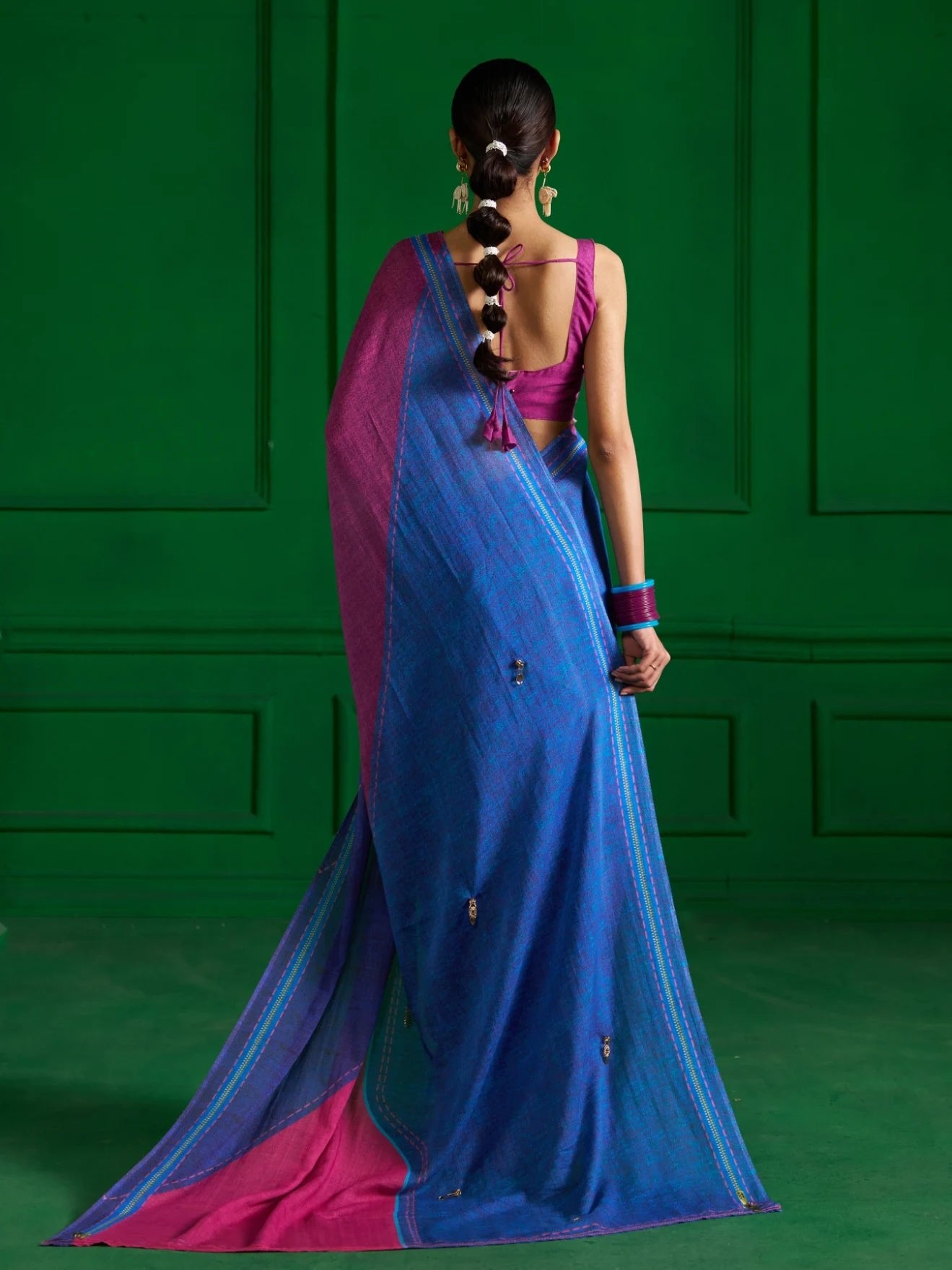 BRIGHT BLUE VISCOSE MUL PINK ZIP DENIM PRINT SAREE