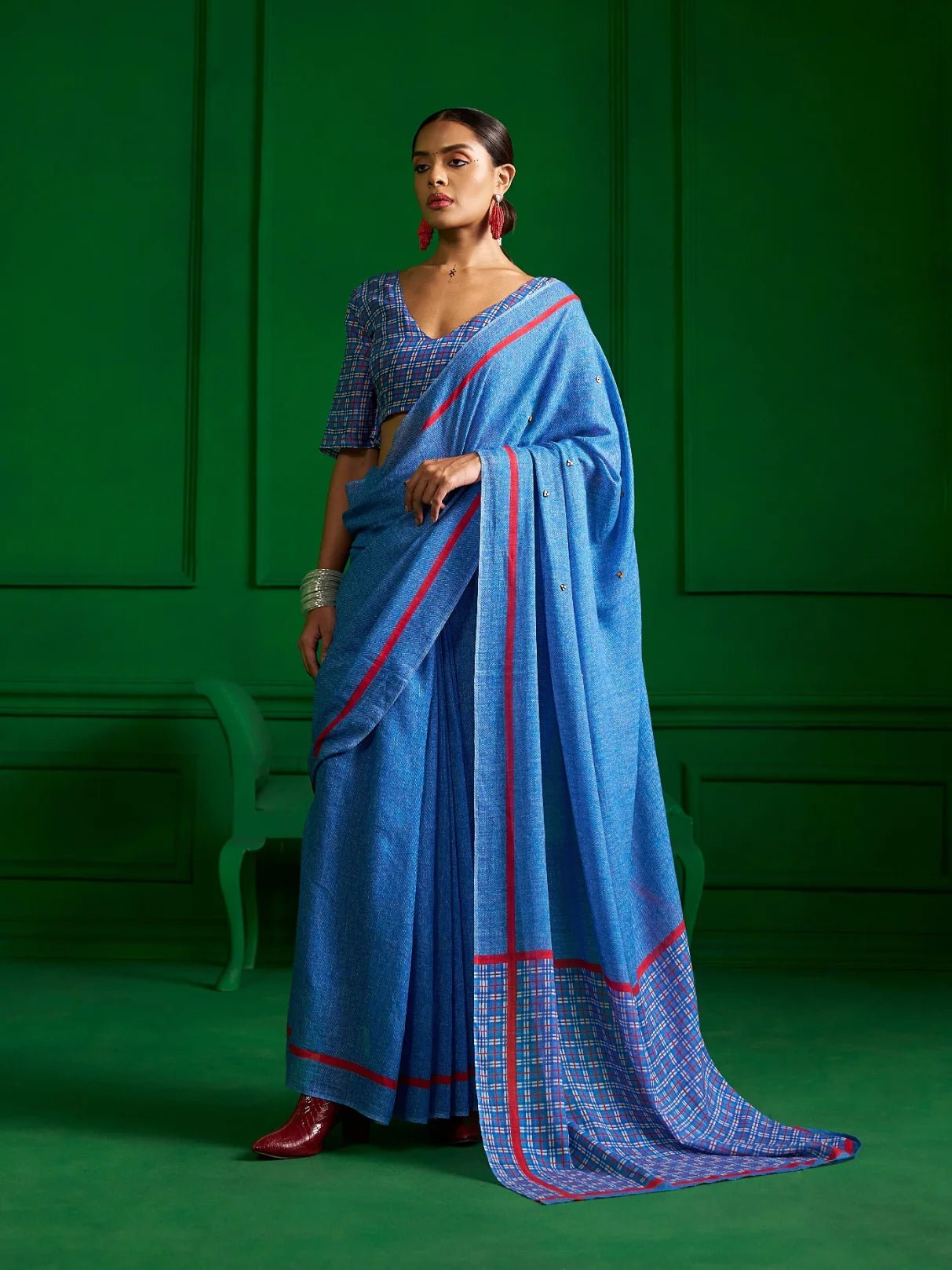 BRIGHT BLUE VISCOSE MUL RED RIBBON DENIM PRINT SAREE
