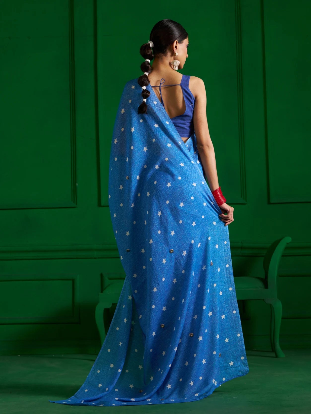 BRIGHT BLUE MULMUL COTTON STUDS AND STARS DENIM PRINT SAREE