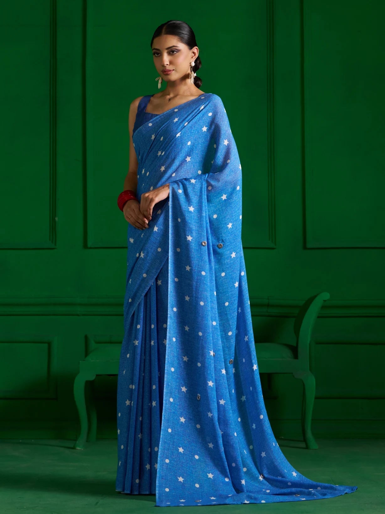 BRIGHT BLUE MULMUL COTTON STUDS AND STARS DENIM PRINT SAREE