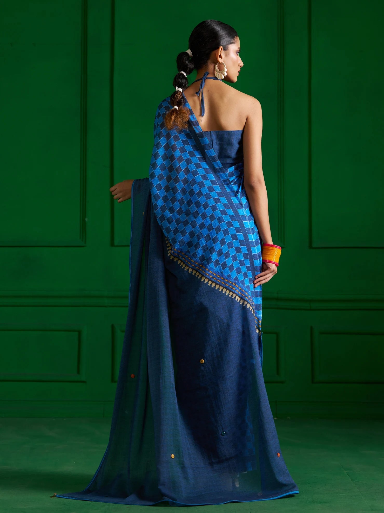 BRIGHT BLUE VISCOSE MUL ZIP UP CHECKS DENIM PRINT SAREE
