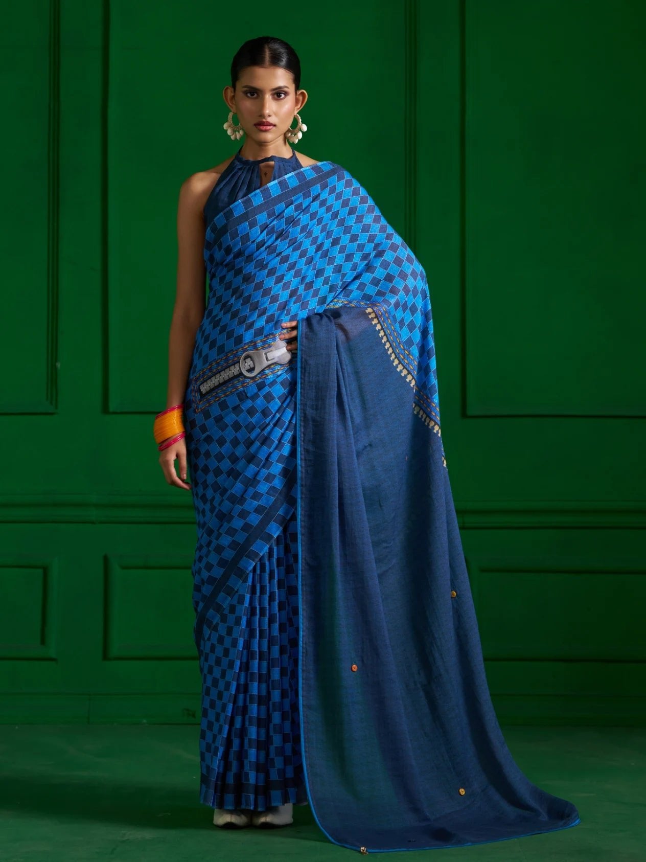BRIGHT BLUE VISCOSE MUL ZIP UP CHECKS DENIM PRINT SAREE