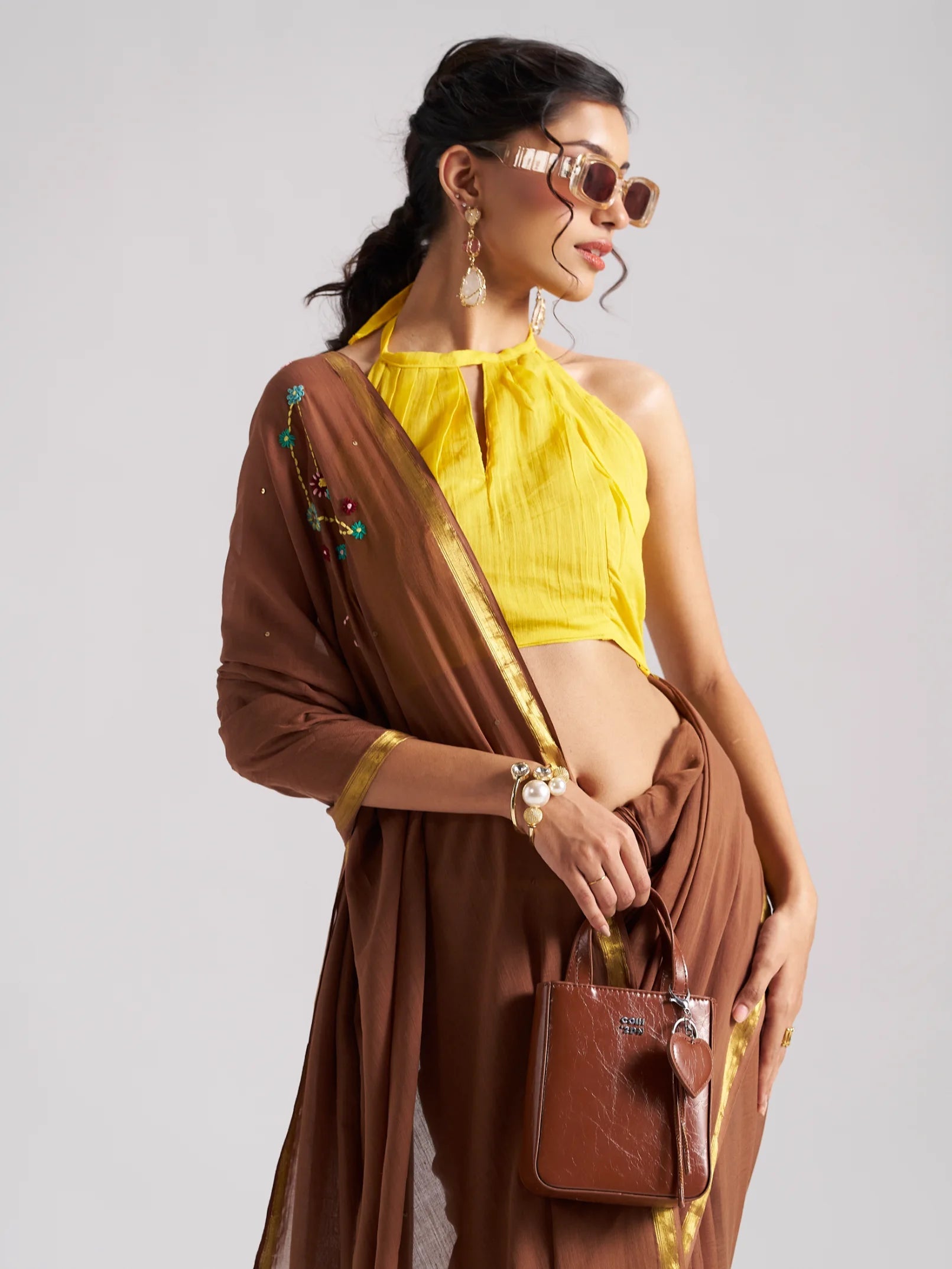 BROWN MULMUL COTTON CAPRICORN CELESTIAL THREAD WORK SAREES