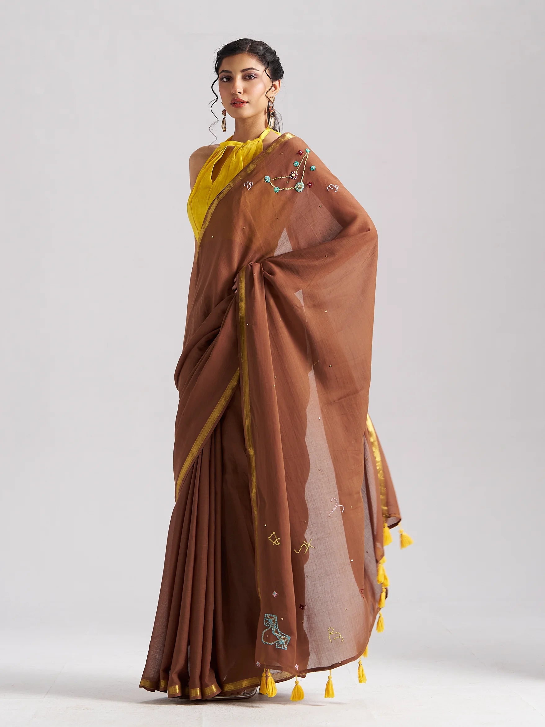 BROWN VISCOSE MUL CAPRICORN CELESTIAL THREAD WORK SAREES