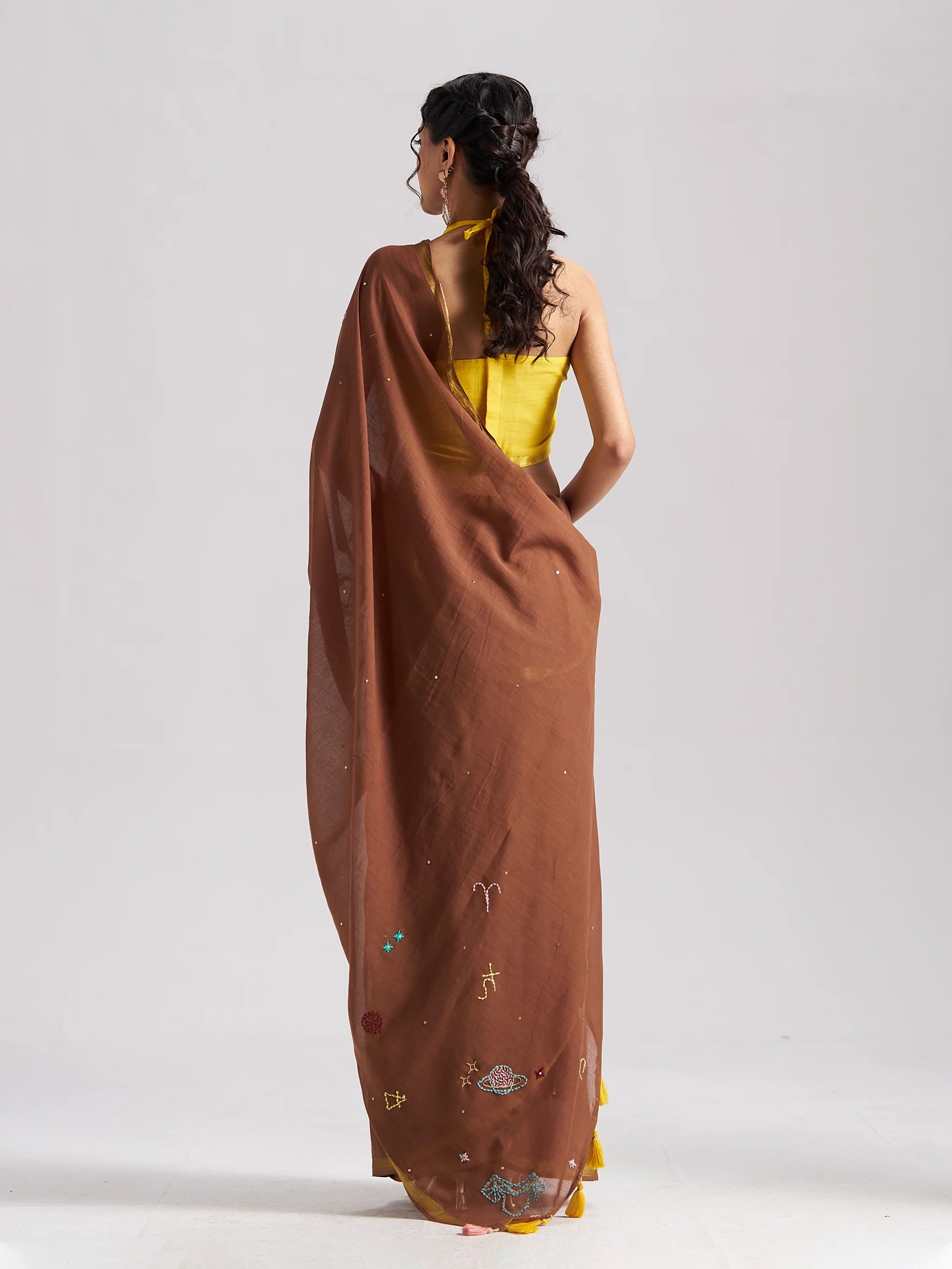 BROWN MULMUL COTTON CAPRICORN CELESTIAL THREAD WORK SAREES