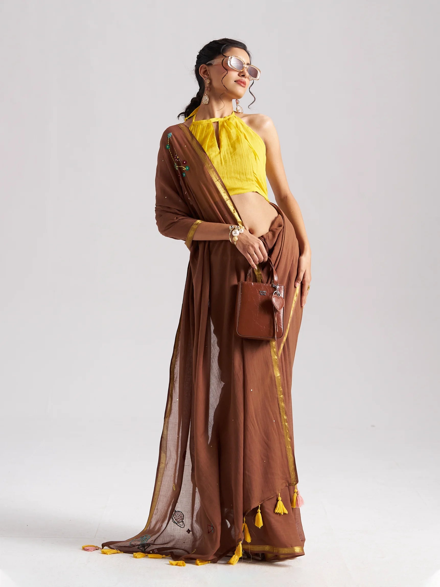 BROWN MULMUL COTTON CAPRICORN CELESTIAL THREAD WORK SAREES