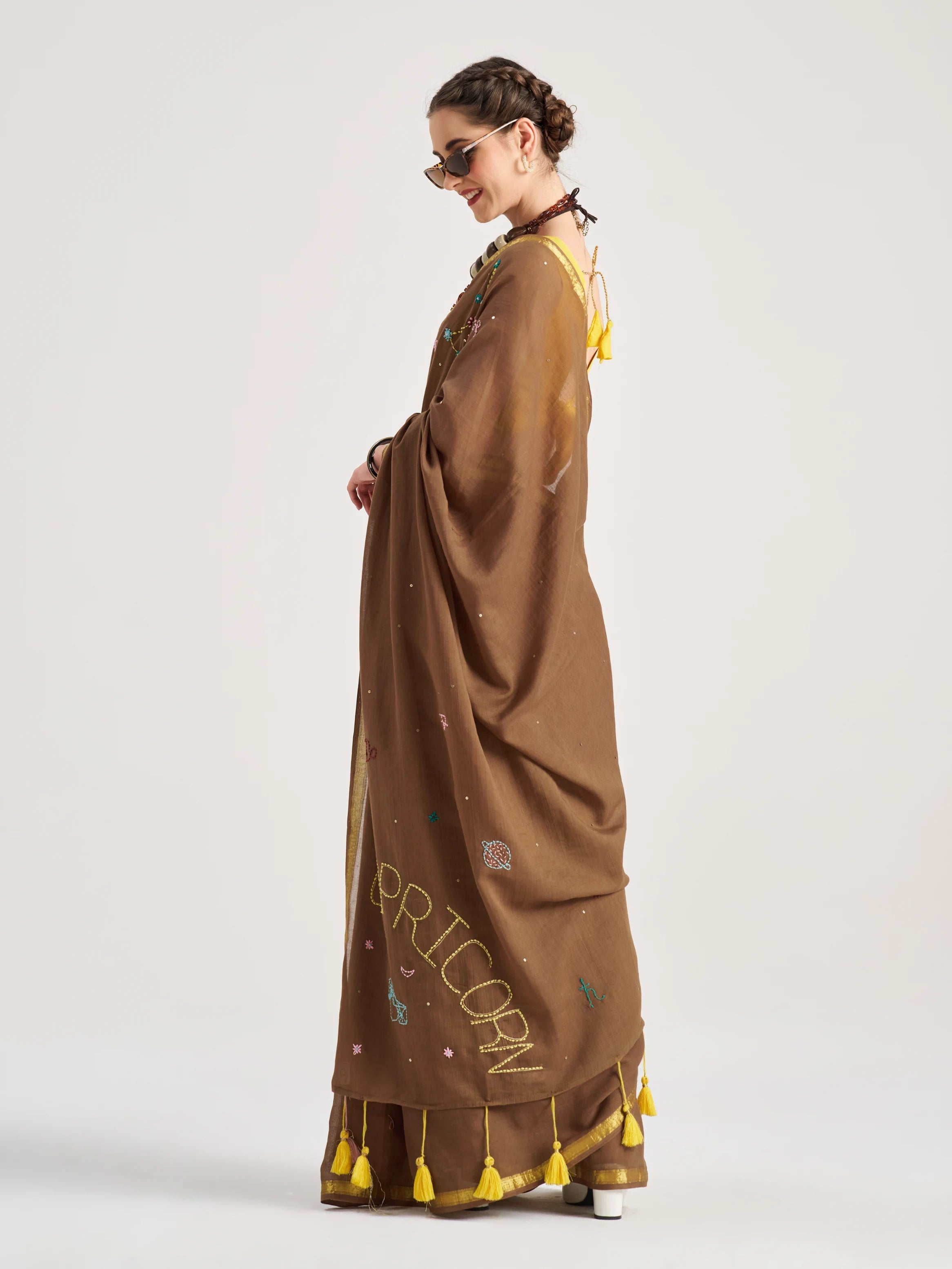 BROWN MULMUL COTTON CAPRICORN VEDIC ZODIAC THREAD WORK SAREES
