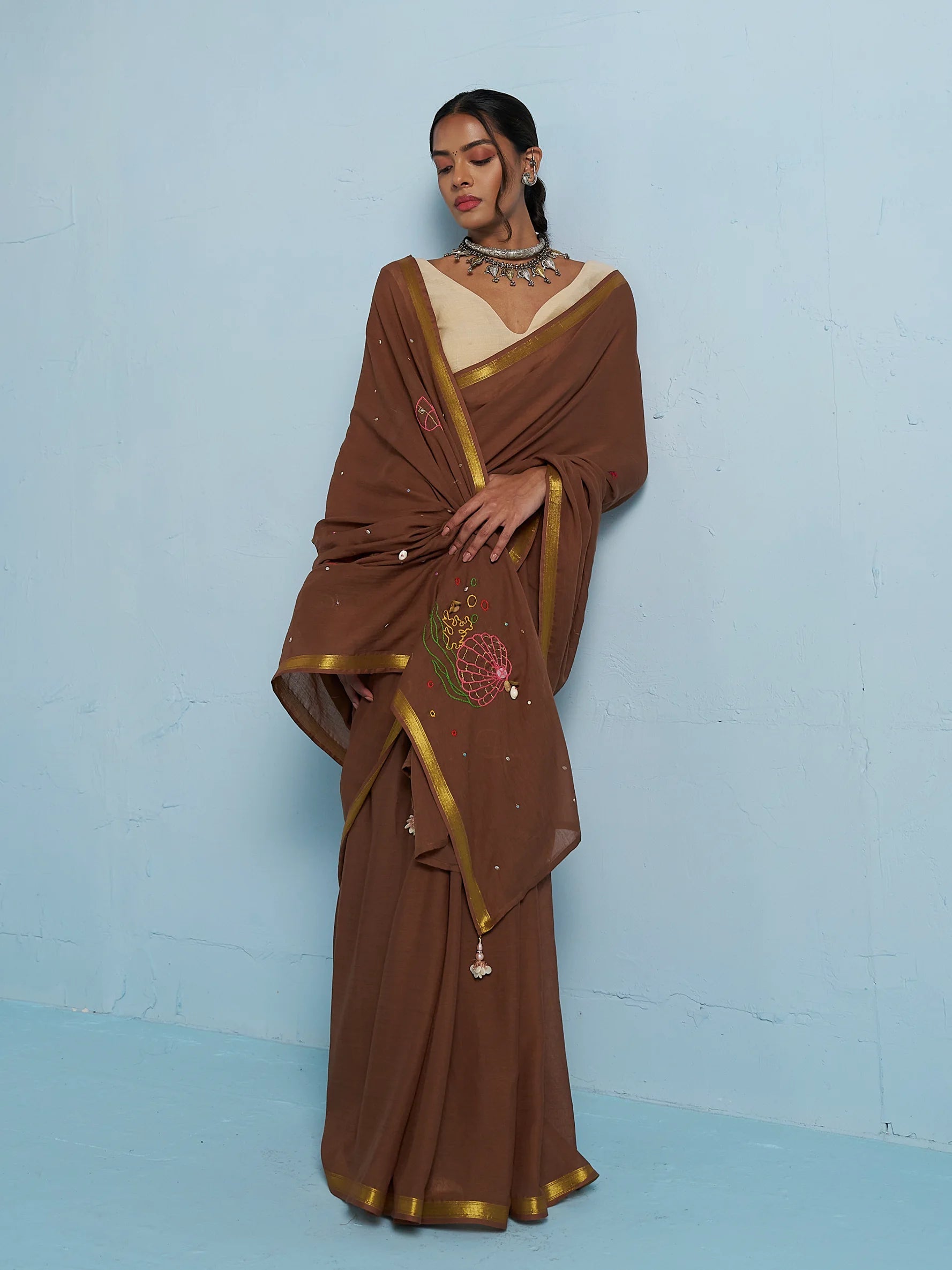 BROWN VISCOSE MUL THREAD WORK SAREES