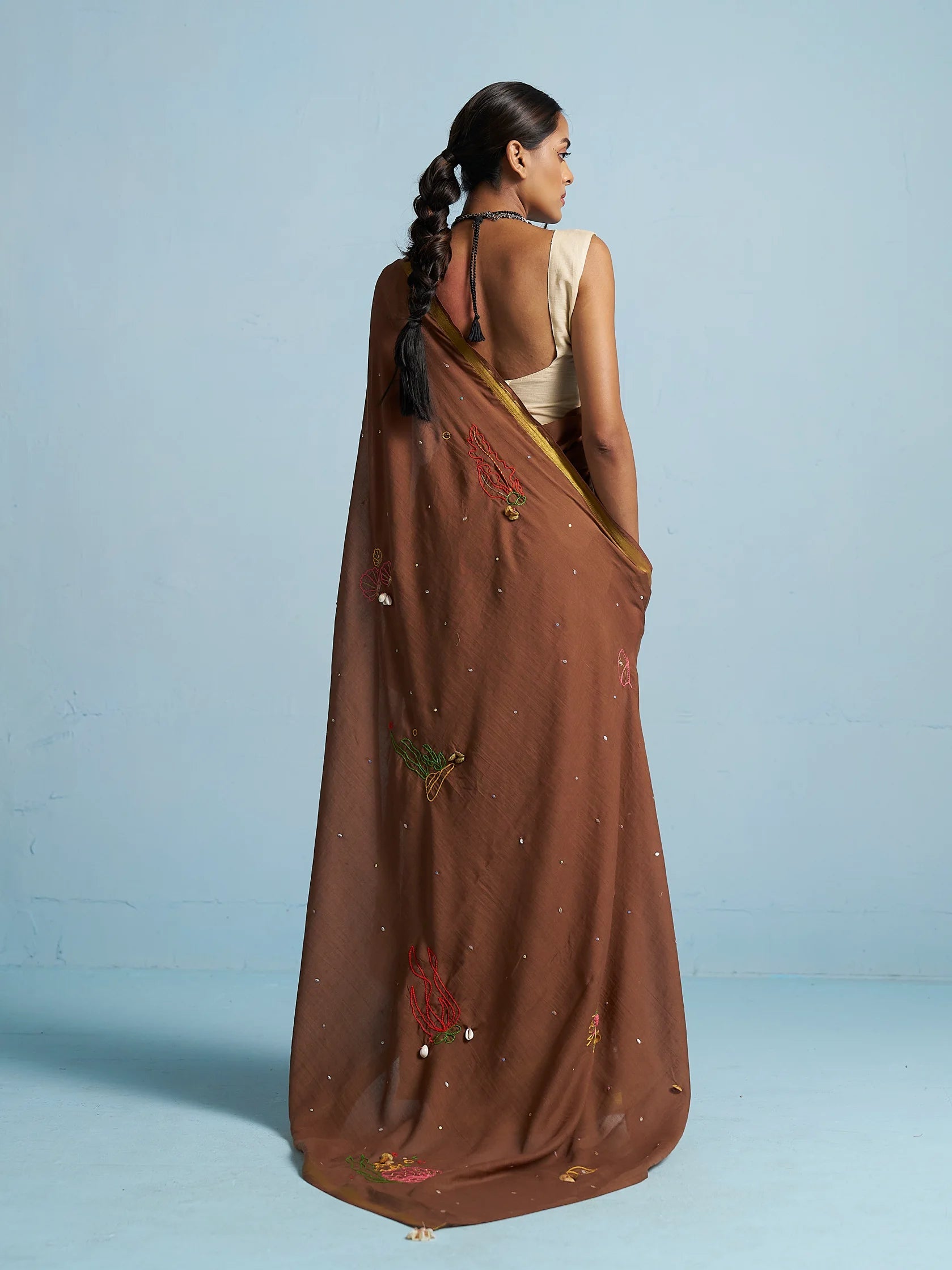 BROWN VISCOSE MUL THREAD WORK SAREES