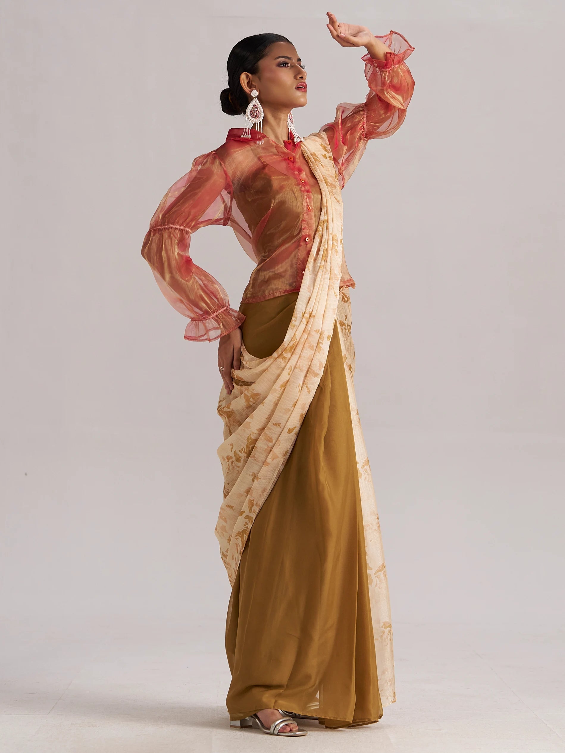 BROWN ZIRCON SOFT ORGANZA READY TO WEAR SAREE